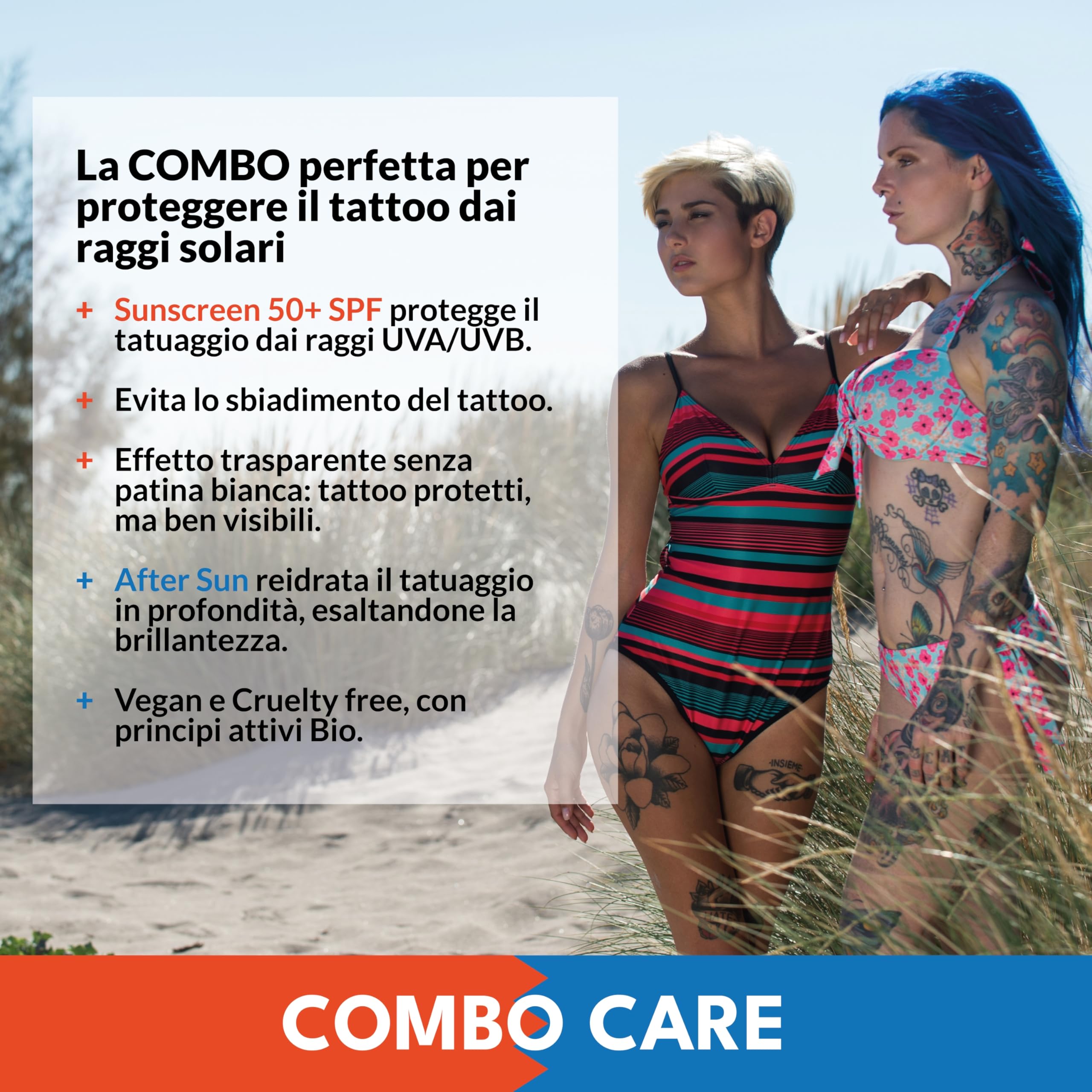 COMBO SUN PLUS - SUNSCREEN 50+ Anti - Verblassender Sonnenschutz für Tätowierungen, mit Biologische Wirkstoffen, 150 ml (2 Tuben à 75 ml) + AFTER SUN Aftersun für Tätowierungen, 100 ml