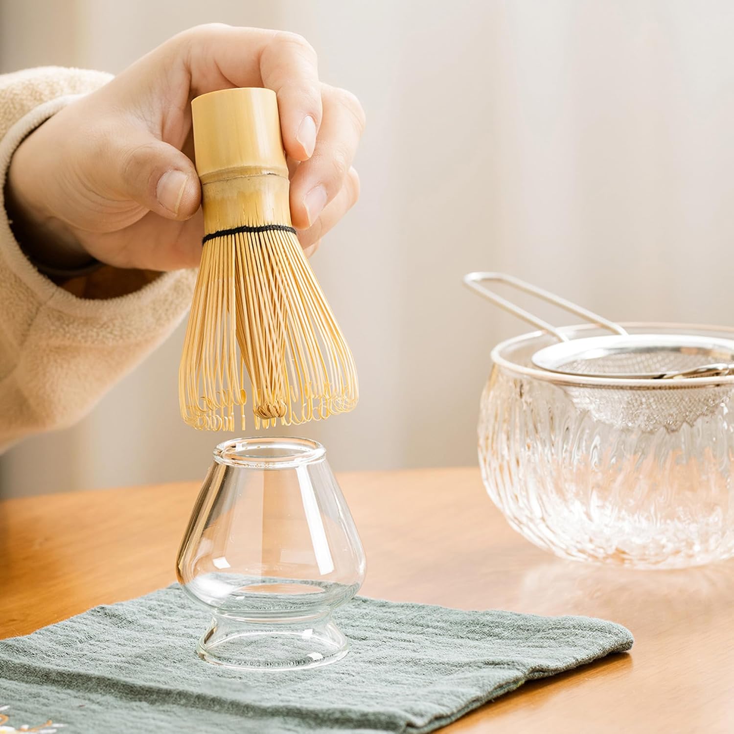 10 Pcs Matcha Whisk Set, 500 ml/18 oz Glass Matcha Bowl and Whisk Holder & Measuring Cup, Bamboo Matcha Scoop & Stainless Sifter, Japanese Ceremonial Matcha Tea Making Tools Kit