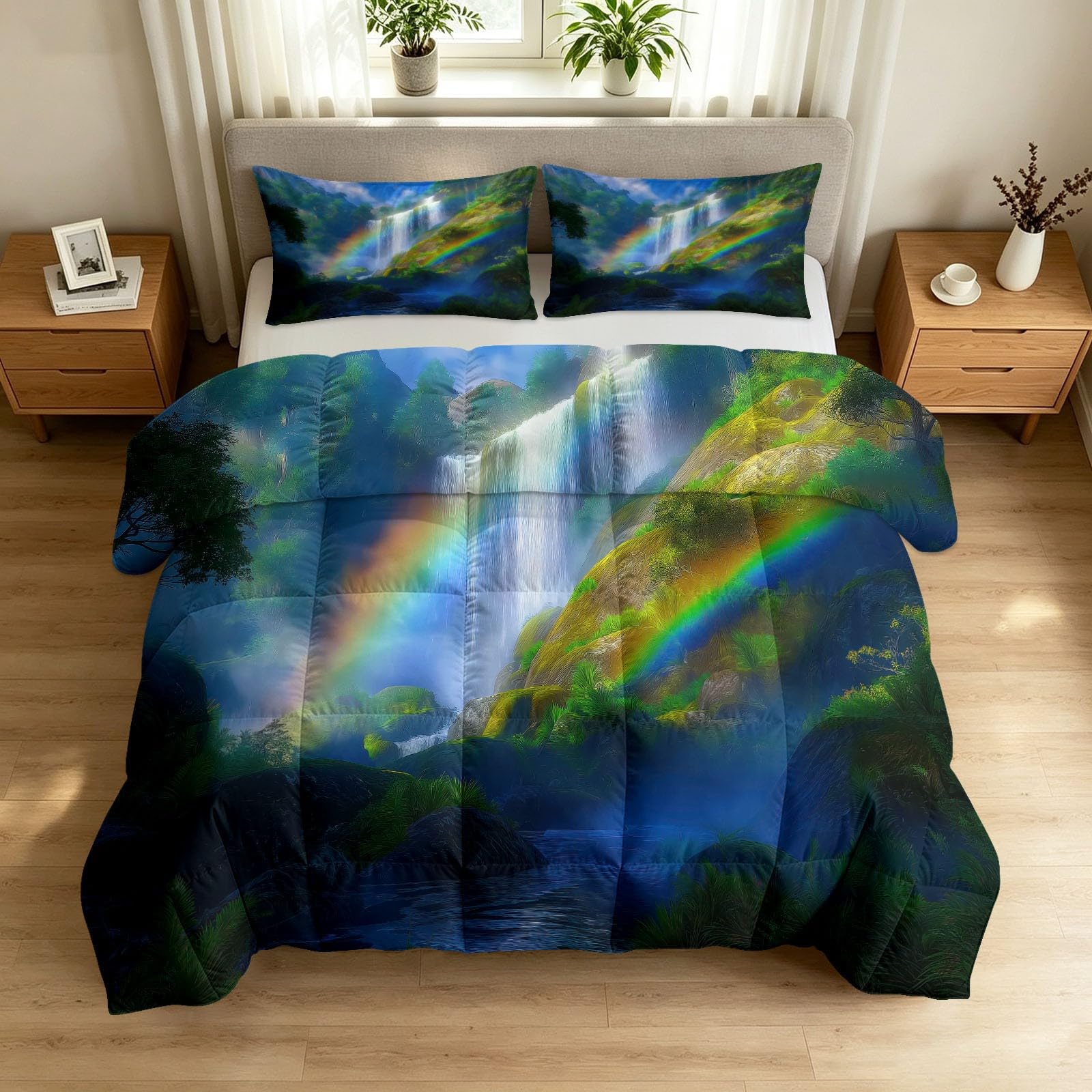 Kołdra bez poszewki na kołdrę 220 x 240 cm, na 4 pory roku, dżungla, wodospad, tęczowy wzór, dwustronna, całoroczna, uzdrawiająca fantazja, na lato, przyjazna dla skóry, nadaje się do prania, z 2