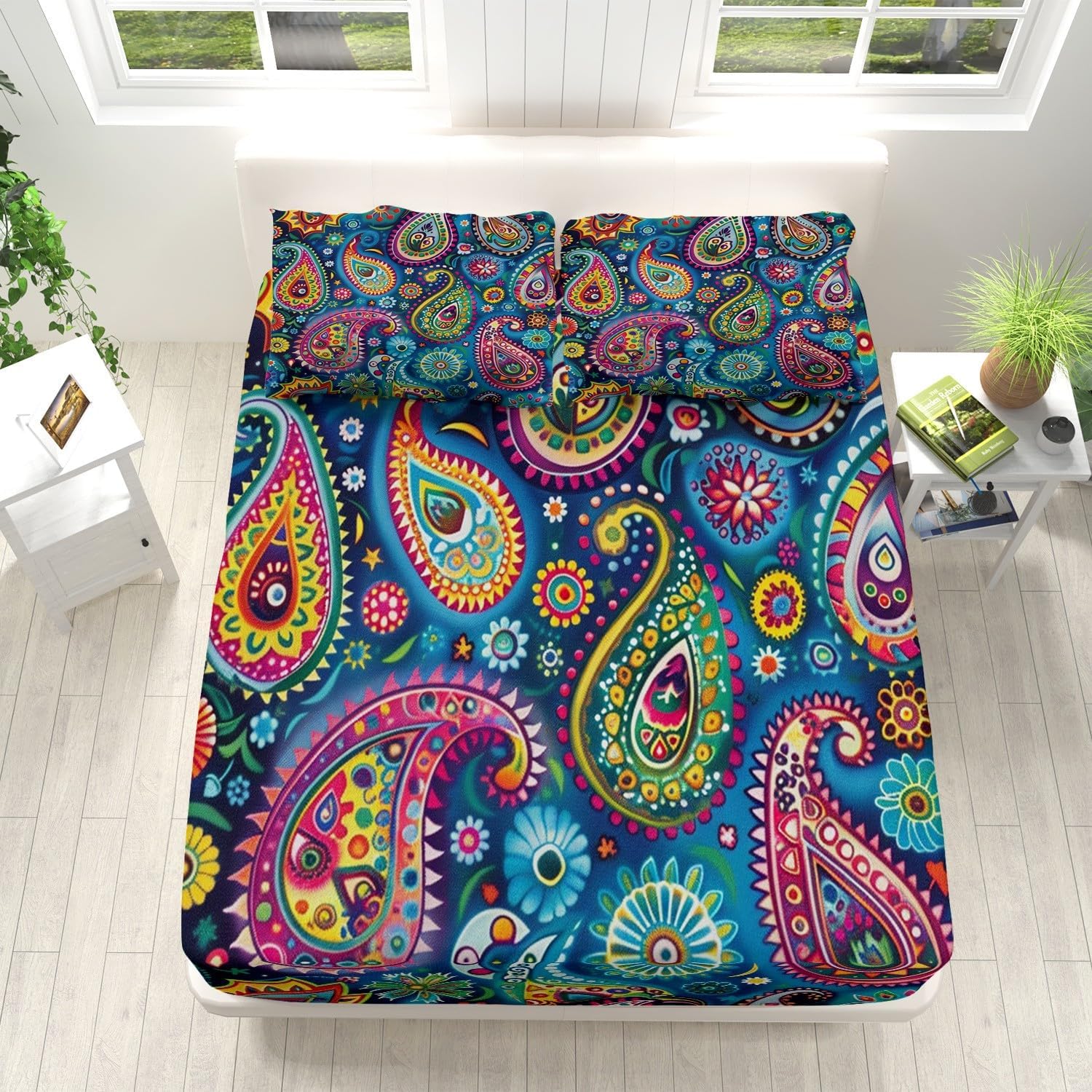 Print Fitted Sheet Set Queen Size for Kids Boys Girls, Bed Sheets Colorful Cashew Flowers Pattern Fitted Sheet Adults Flat Sheet Soft Luxury, Home Room Decor 4Pcs