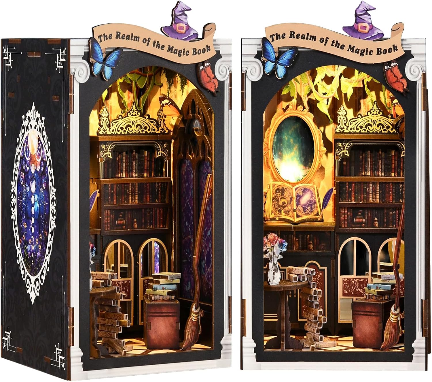 Book Nook Kit Magic Book of Mirrors Wooden Dollhouse， DIY Tiny House Miniature with LED Light, Fantasy Wooden Decor Display for Adults, Tiny Homes to Live in for Bookshelf, Battery Not Included