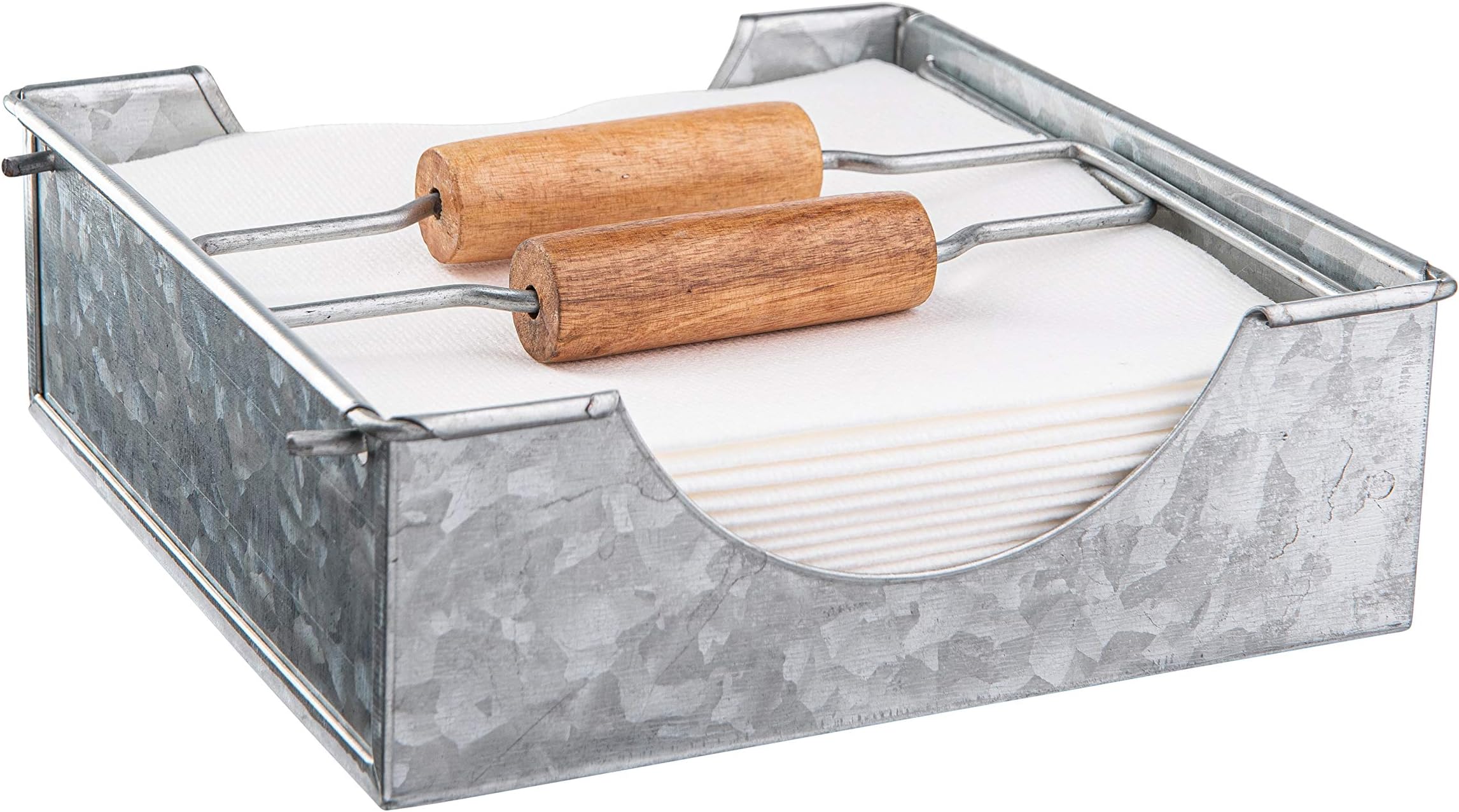 Royalty ArtGalvanized Napkin Holder with Dual Wooden Handles - Rustic Square Design for Country Style Kitchens and Dining Rooms - Heavy-Duty Paper Storage for Indoor and Outdoor Use