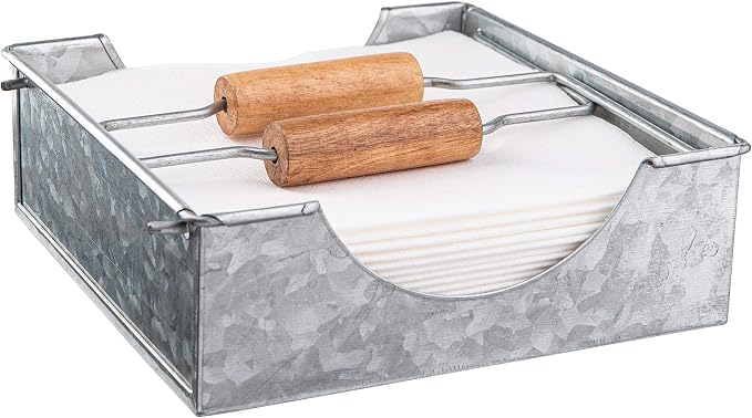 Royalty Art Galvanized Napkin Holder with Dual Wooden Handles - Rustic Square Design for Country Style Kitchens and Dining Rooms - Heavy-Duty Paper Storage for Indoor and Outdoor Use