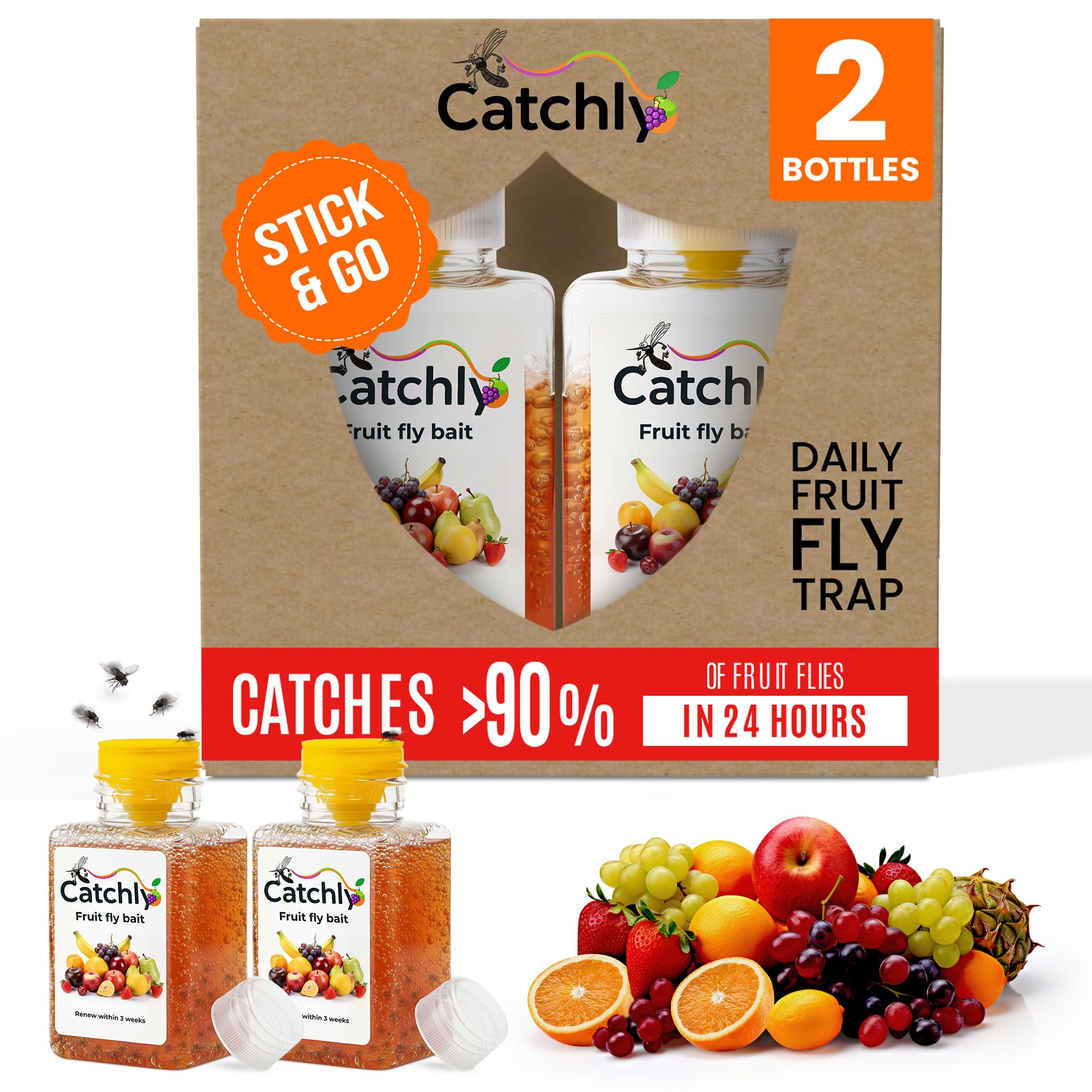 Catchly Fruit Fly Trap 2 Pack – Highly Effective Fruit Fly Killer for Kitchen & Home, Long-Lasting Up to 3 Weeks, Safe for Children & Pets, Small Size, Strong Results, Designed for Fruit Flies Only