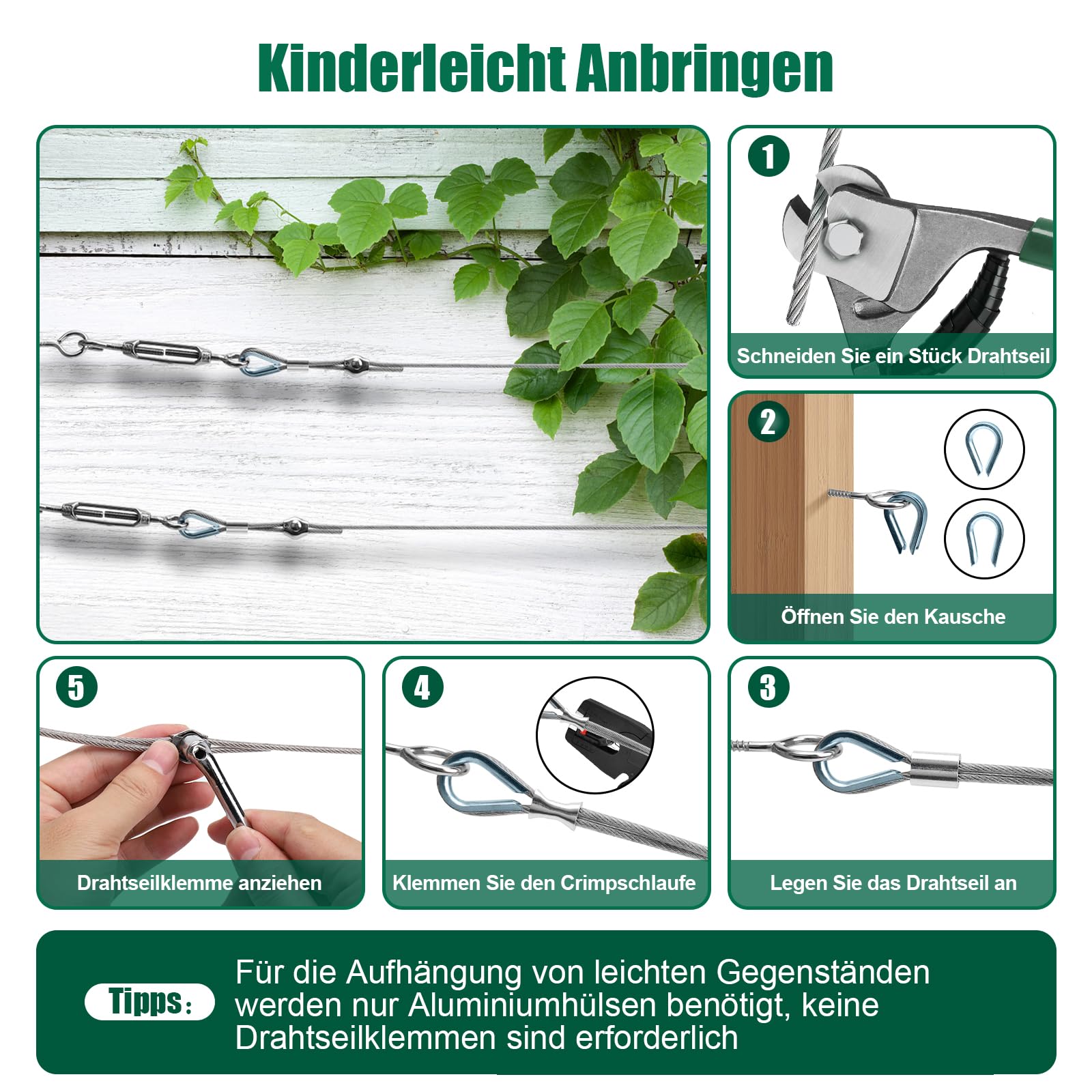 Edelstahl Drahtseil 50 Meter 2mm - 304 Edelstahl Mit Kauschen & Crimphülsen