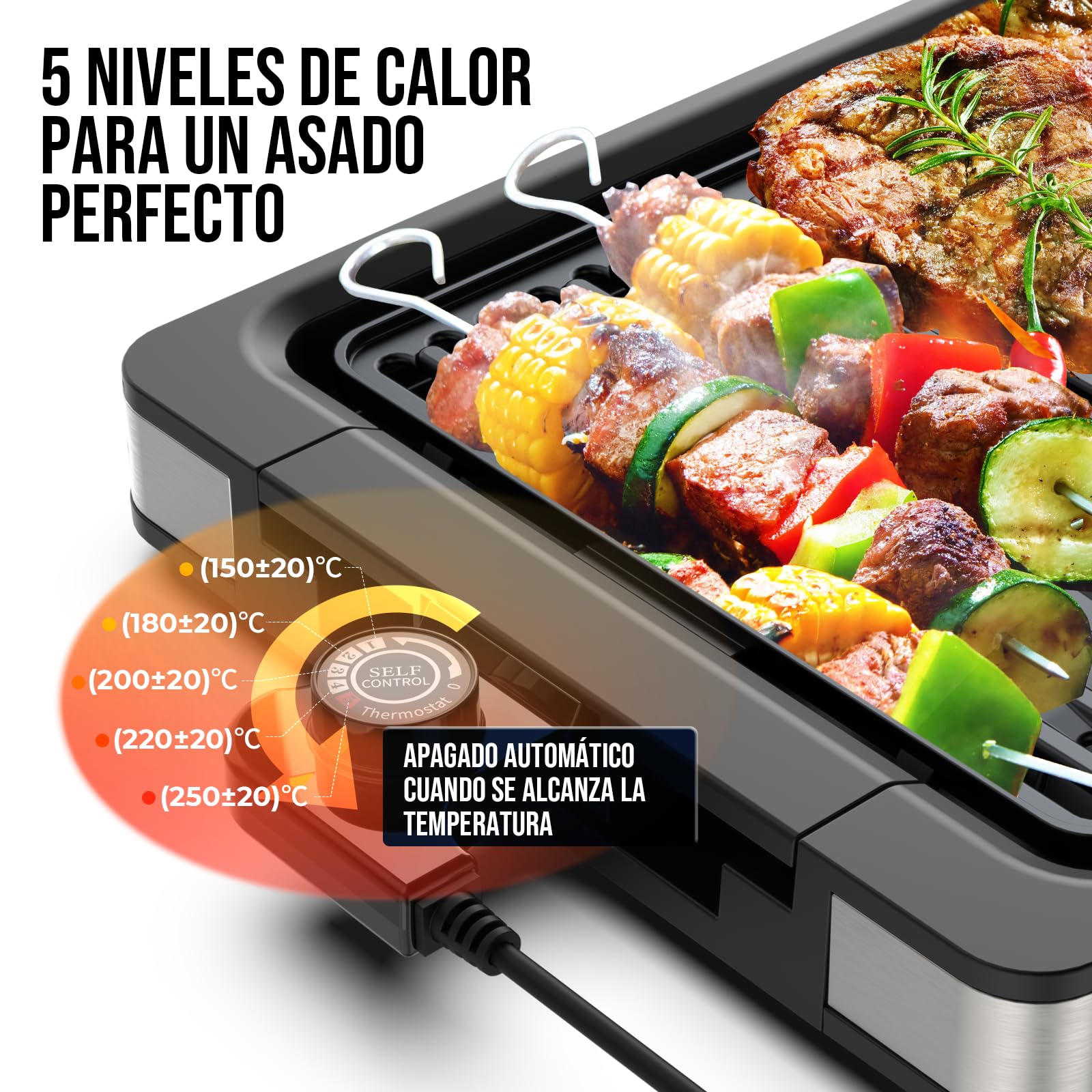 FIMEI Parrilla de Mesa 1800W, Barbacoa Eléctrica para Interior y Exterior, Plancha Cocina Electrica Recubrimiento Antiadherente, Termostato Ajustable, Bandeja Asar y Goteo Apta Lavavajillas
