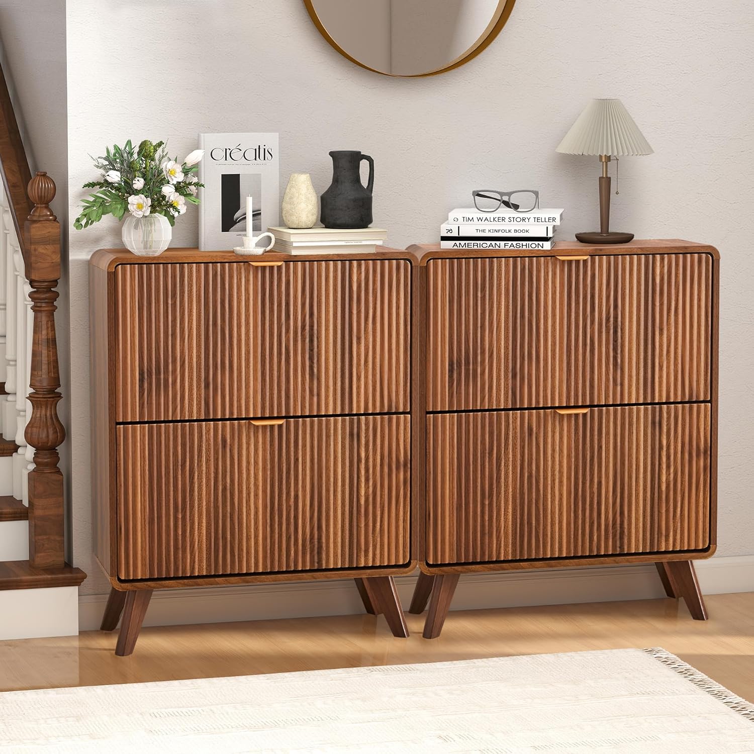 RARZOE Set of 2 Fluted Shoe Storage Cabinets for Entryway, Narrow Curved Shoe Cabinet with 2 Flip Drawers, Freestanding Wood Hidden Shoe Organizer Closed Shoe Rack Cabinet for Foyer,Hallway (Walnut) Walnut 2set