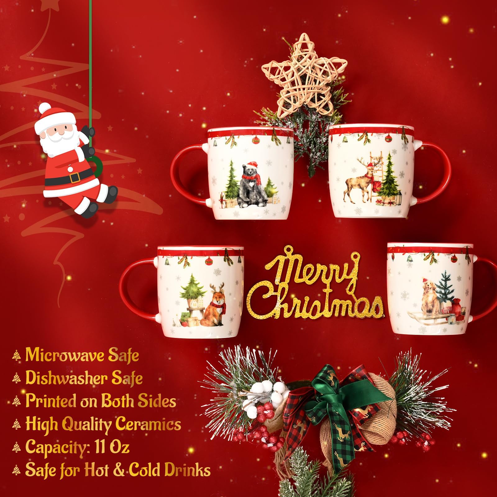 Joymaking Juego de 4 tazas de Navidad, juego de tazas de café navideñas, regalo de Navidad para mujeres y amigos, tazas de Navidad con diseño festivo, tazas de Navidad para vino caliente de cacao