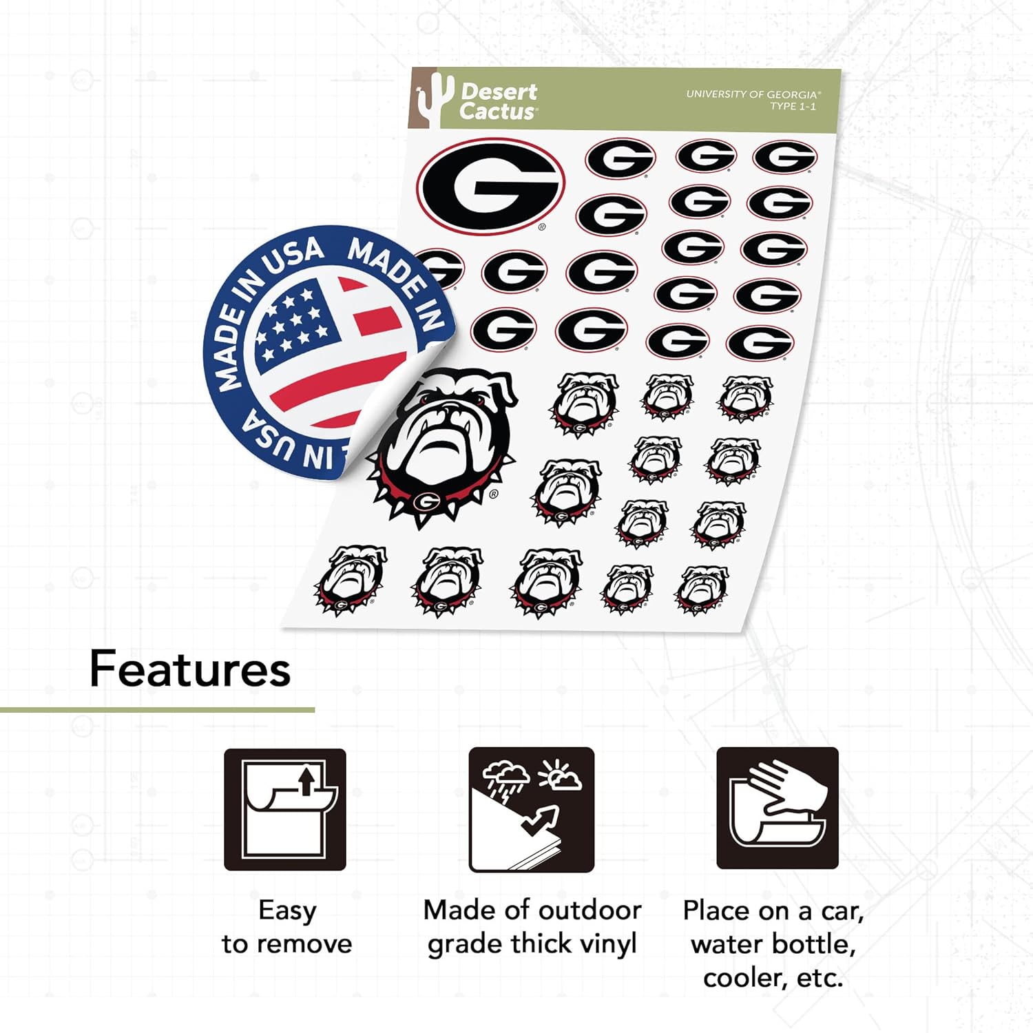 Desert Cactus University of Georgia Sticker Bulldogs UGA Dawgs Vinyl Decals Laptop Water Bottle Car Scrapbook Sheet T1 (Type 1-1) - Image 4