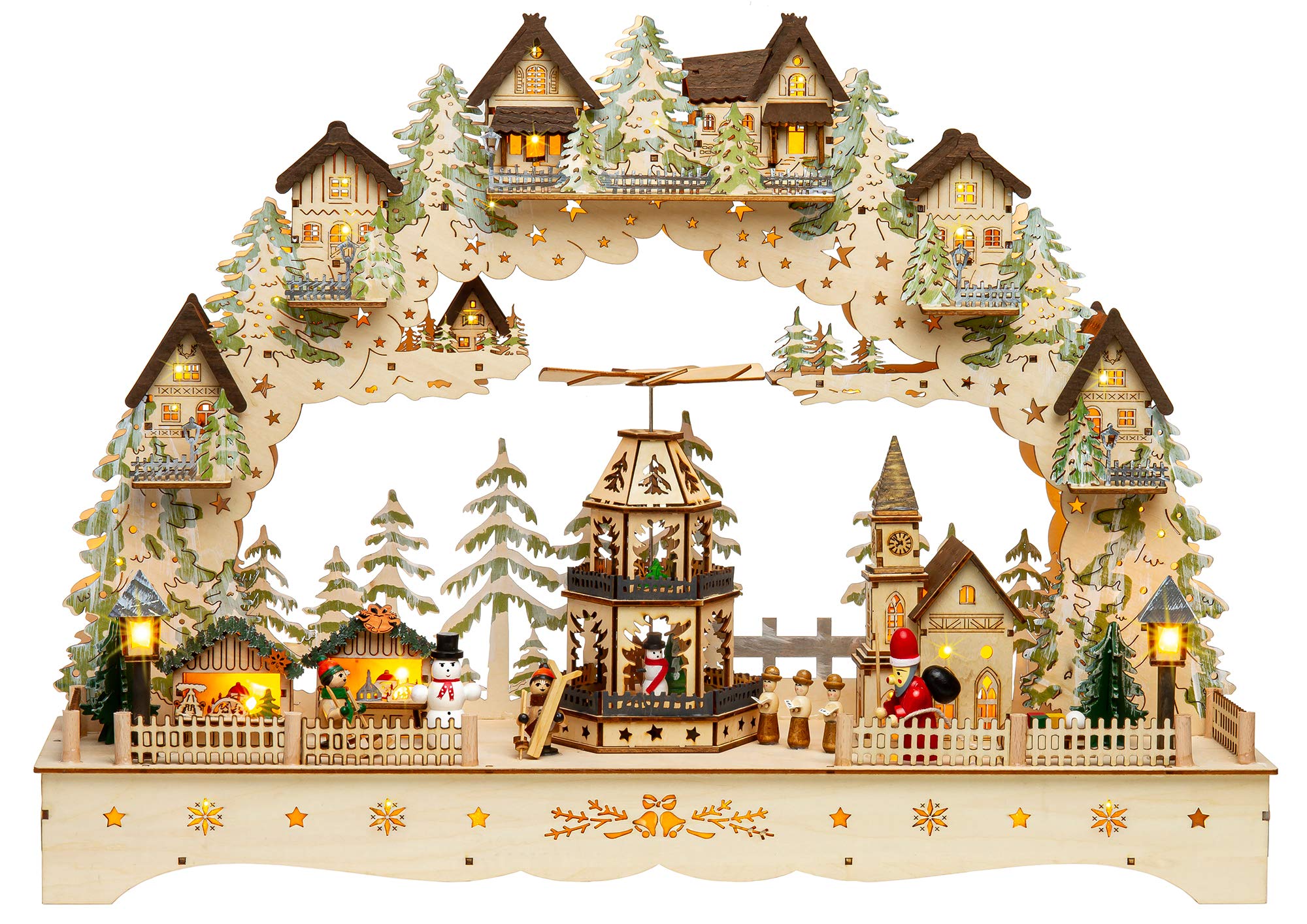 SIKORA LB07 beleuchteter LED XXL Holz Schwibbogen WEIHNACHTSDORF mit drehender XL Pyramide inklusive Trafo