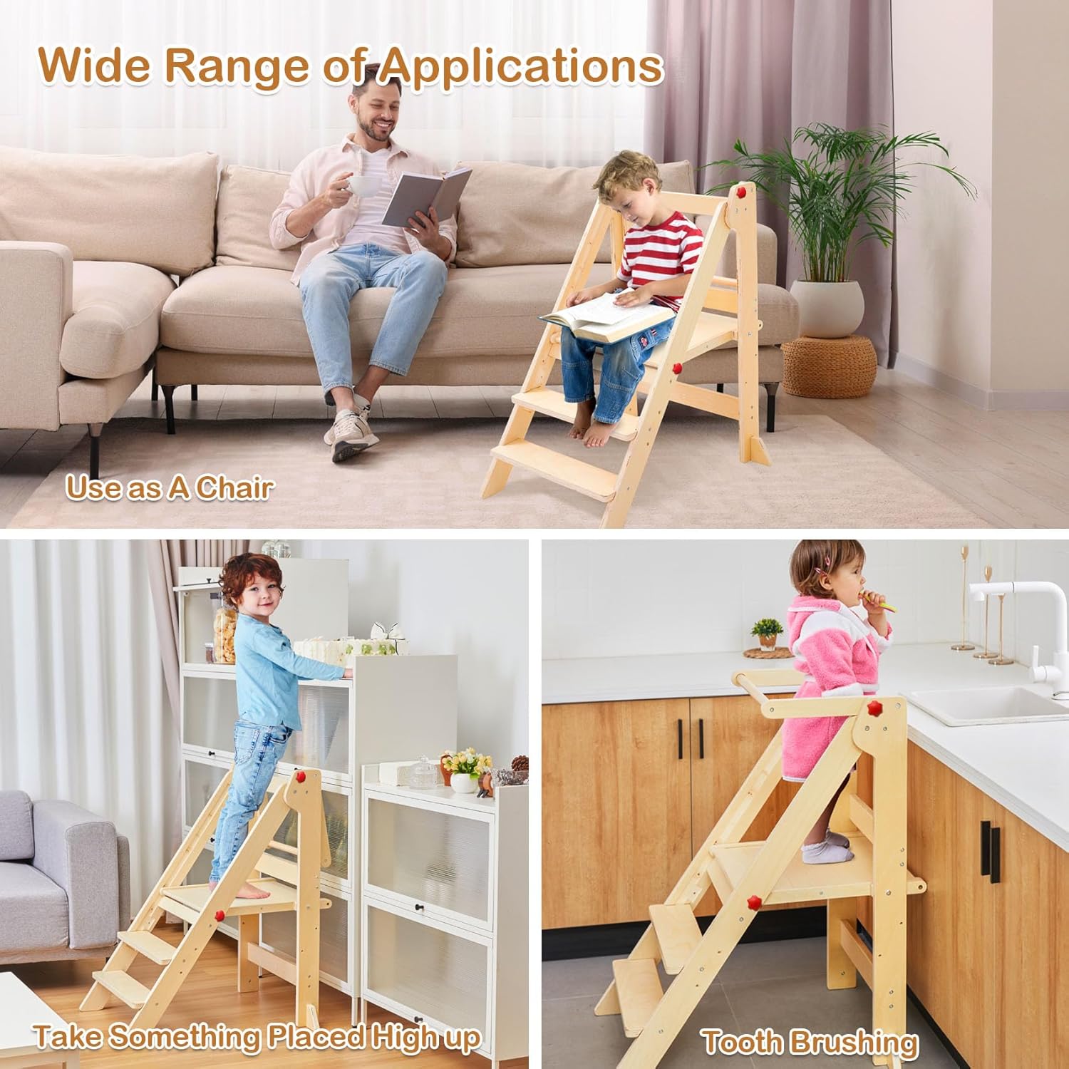 Foldable Toddler Tower with Safety Rails, 3-Level Adjustable Height Standing Kitchen Stool Helper with Safety Feet