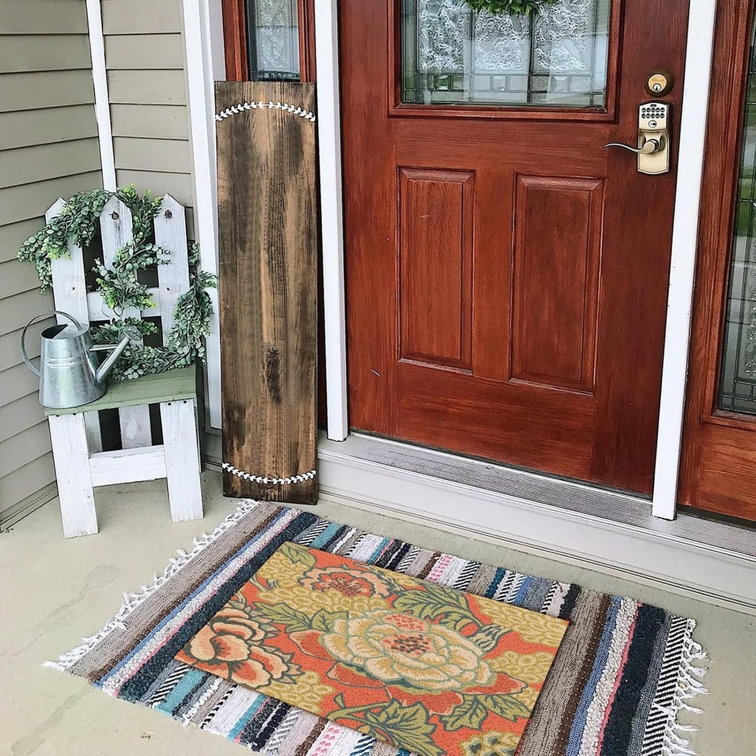 Chinoiserie Peony Flower Red and Yellow Coir Fiber Welcome Mats Outdoor 16x24in Asian Scenic Euro Sham Outdoor Indoor Non-Slip Doormat Elegant Doormat for Pets Front Door Home Decor
