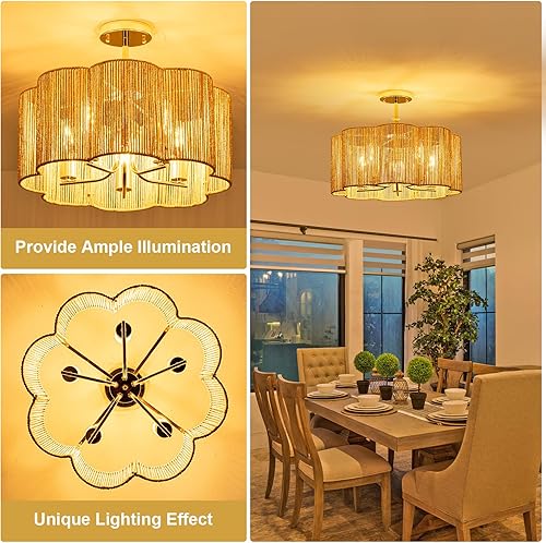 Miniatura 6 de Lámpara de techo de ratán tejida lineal 2 en 1 de 5 luces de 19.6 pulgadas, montaje empotradocolgante convertible para isla de cocina y comedor,