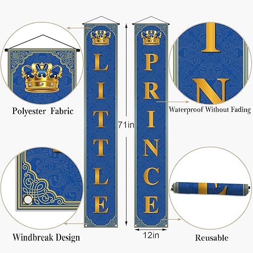 Miniatura 3 de Decoración de baby shower de príncipe real para niño, principito, pancarta de porche azul y dorado, corona de príncipe pequeño, decoración y
