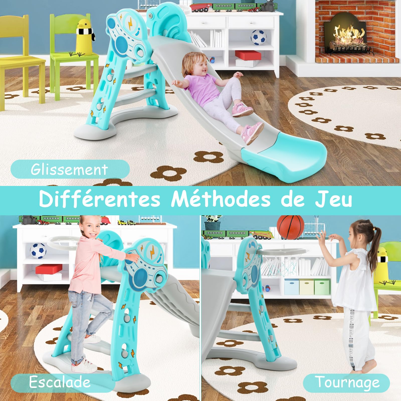 COSTWAY 3 en 1 Toboggan Enfant Pliant en HDPE avec Glisse 114cm & Motif UFO, Aire de Jeux Polyvalent Intérieur Extérieur avec Panier de Basket & Ballon, Charge 20kg pour Enfants de