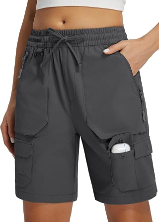 Libin Womens Hiking Shorts Cargo Zipper Pockets | 7 Inches Shorts, UPF, Water Resistant, Quick Dry, Soft, Elastic Waist, Loose Fit, for Hiking, Camping, Outdoor, Travel