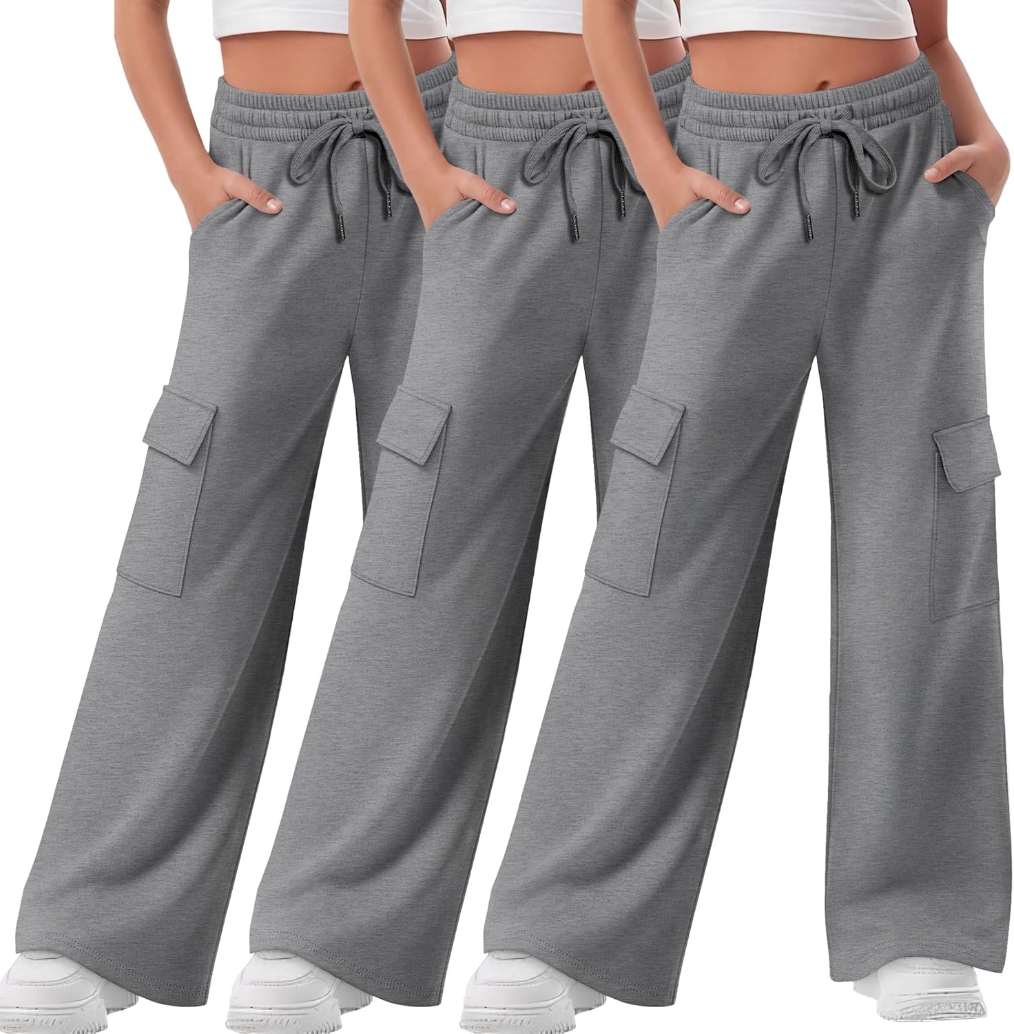 3 Pack Girls Wide Leg Sweatpants Kids Cargo Baggy Pants Drawstring Casual Athletic Joggers for Teens 5-14 Years
