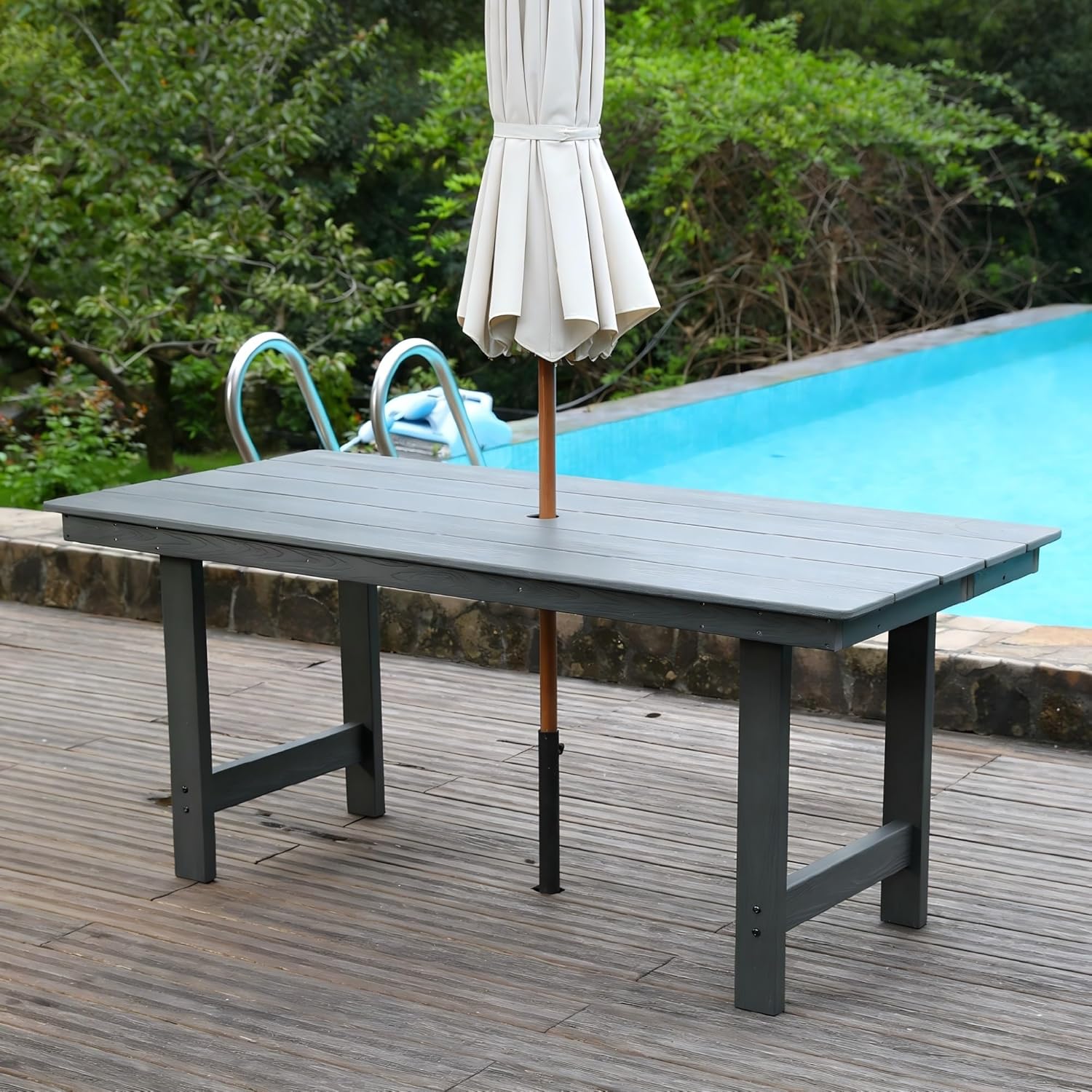 HDPE Outdoor Patio Dining Set – One Table & Six Chairs with Sunshade Holes, Ideal for Lawns, Gardens, Backyards & Pool Sides(Gray)