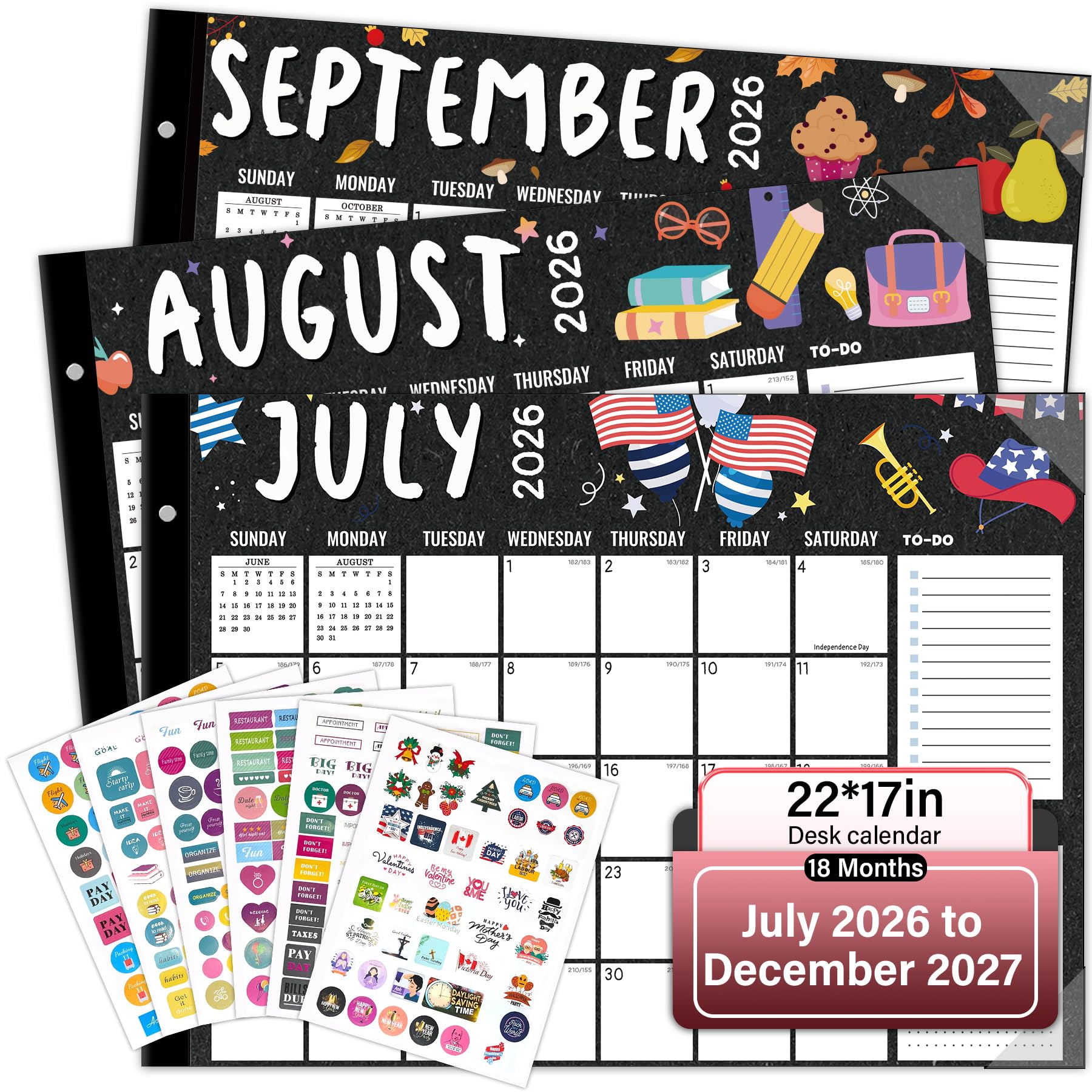 Calendrier de bureau 2026-2027, mensuel, sous-main, 18 mois, de janvier 2026 à juin 2027, extra large, 55,9 x 43,2 cm, motifs saisonniers colorés, autocollants inclus (noir (juillet 2026))