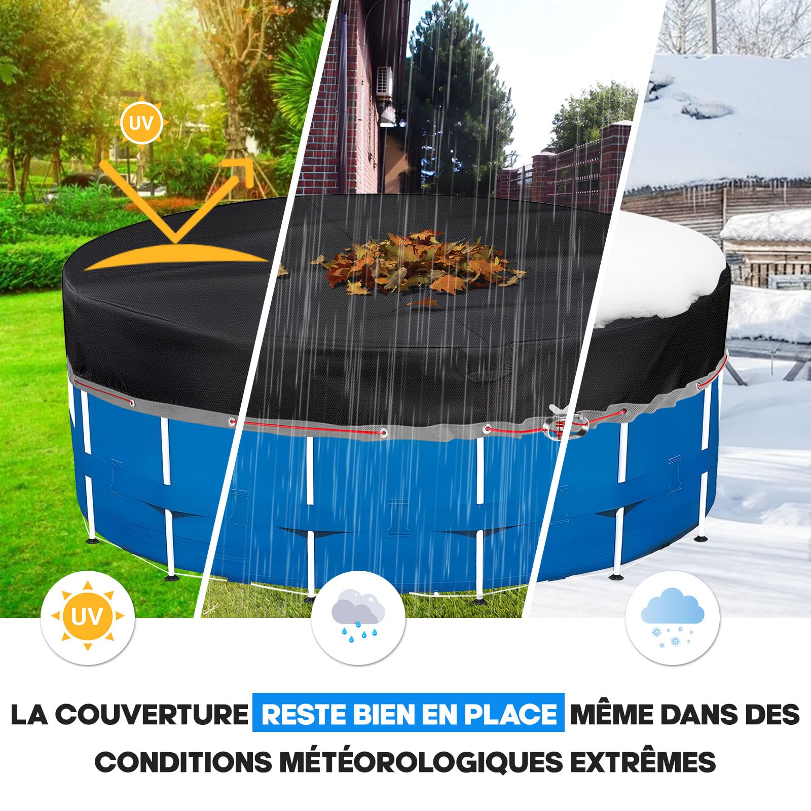 Bâche de Piscine Ronde 457 Oxford 420D Ø462 pour Piscine Ø410-457cm | Noir, résistante aux UV œillets noirs, résistante aux déchirures, été/hiver, compatible INTEX & BESTWAY