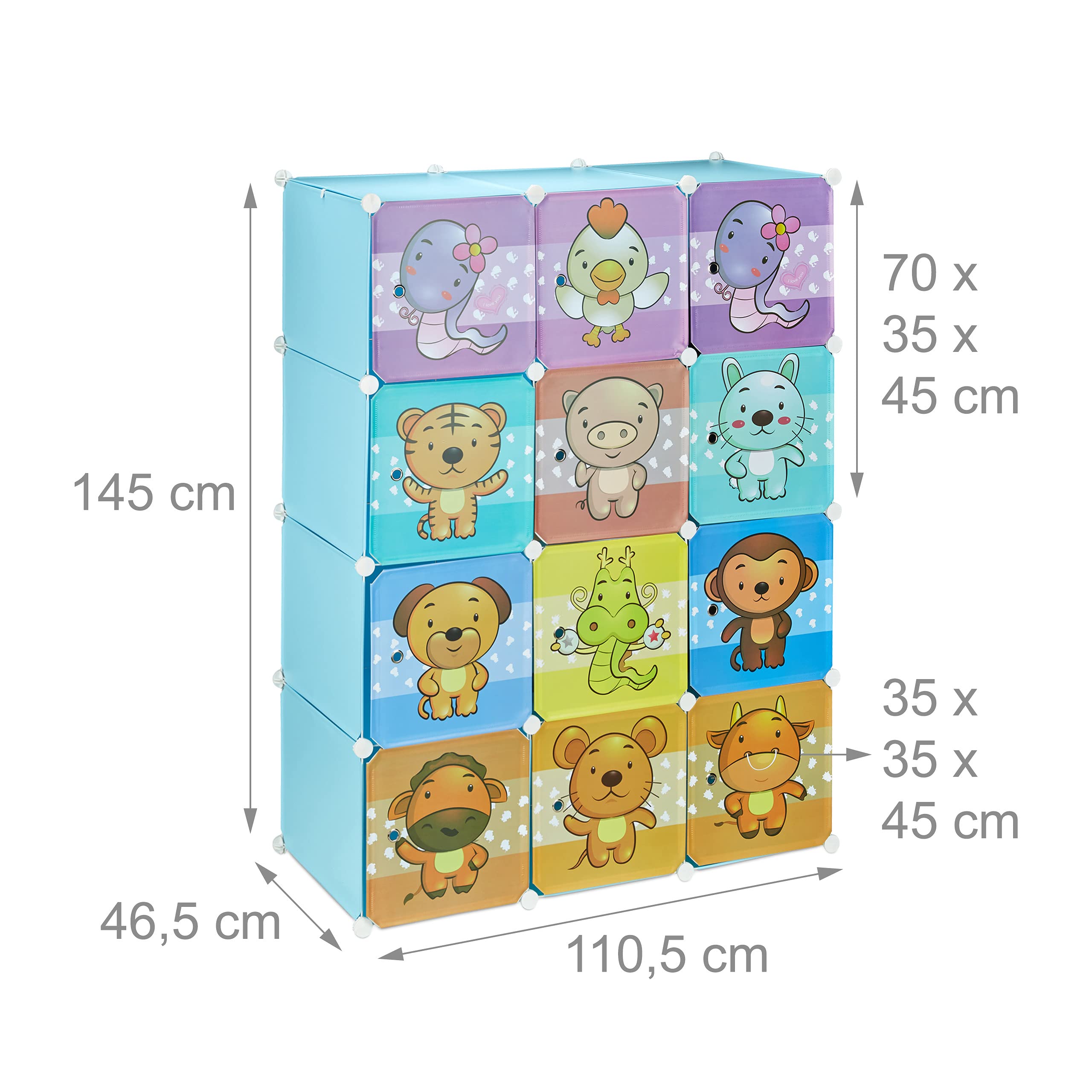 Relaxdays Steckregal Kinderzimmer, Tiermotive, Jungen, Türen, Kleiderstangen, Kunststoff Kleiderschrank, 145x110cm, blau