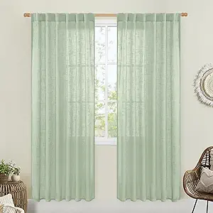 LAMIT Fresh Green Linen Curtains for Living Room, 80 Inch Faux Linen Textured Light Filtering Drapes Back Tab and Rod Pocket Boho Panels for Farmhouse/Bedroom/Porch, 52 x 80 Inch, 2 Panels Set