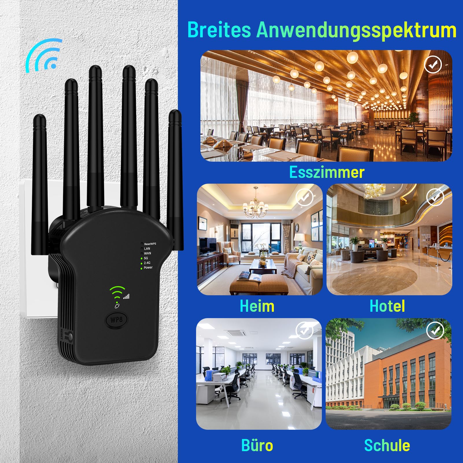 Repetidor WLAN de 1200 Mbit/s, doble banda, WiFi Booster con repetidor/enrutador/modo de punto de acceso, 4 antenas, fácil configuración, extensor de alcance WiFi con puerto LAN/WAN