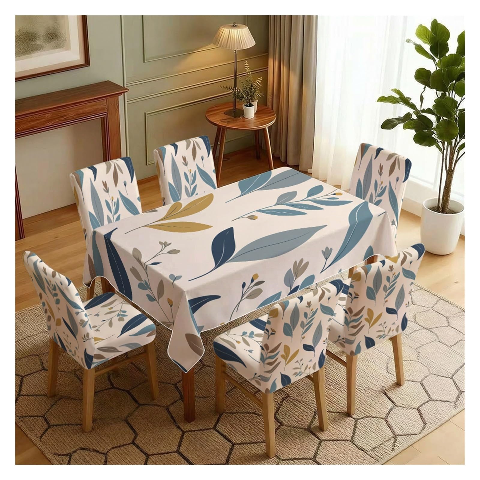BOSUYBN Blue Earth Tone Minimal Leaf Branch Dining Tablecloth & Chair Covers Set, 5/7 Piece Neutral Boho Mid Century Modern Farmhouse Dining Decor Table Setting(7pcs Set: Tablecloth+Chair Covers)