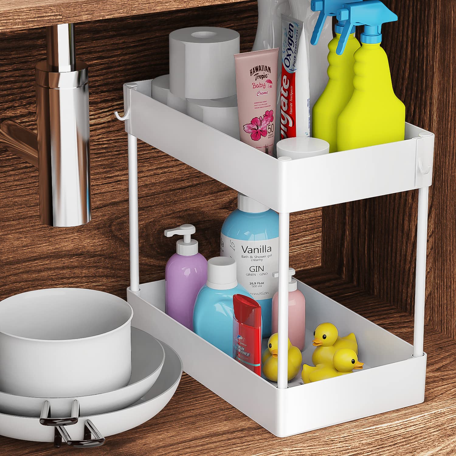 Under Sink Organizer, Under Bathroom Sink Storage 2 Tier Organizer Bath Collection Baskets with Hooks, Under Sink Shelf Organizer Rack, Multi-purpose Under Sink Storage for Bathroom Kitchen