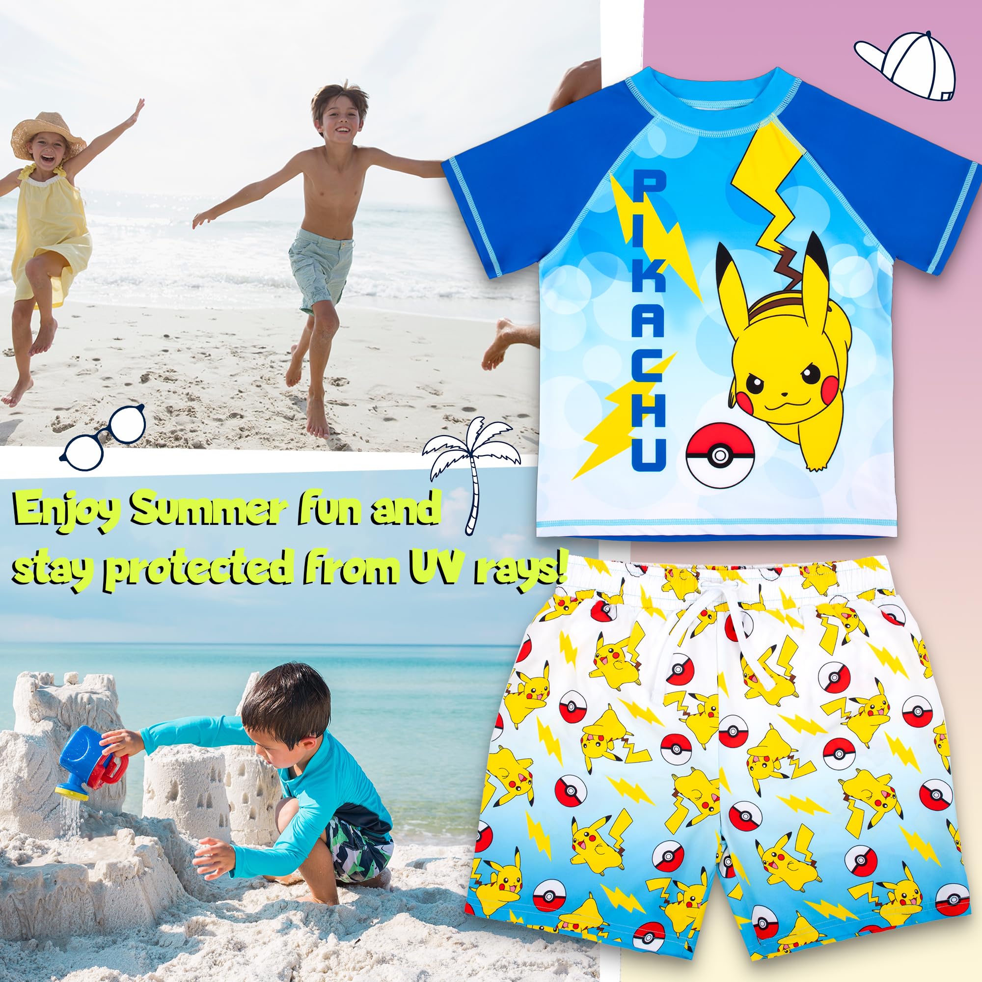 Pokemon Zestaw kąpielowy dla chłopców, 2-częściowy, szorty kąpielowe i koszulka, ochrona przed promieniowaniem UV, kostium kąpielowy dla chłopców w wieku 5-12 lat