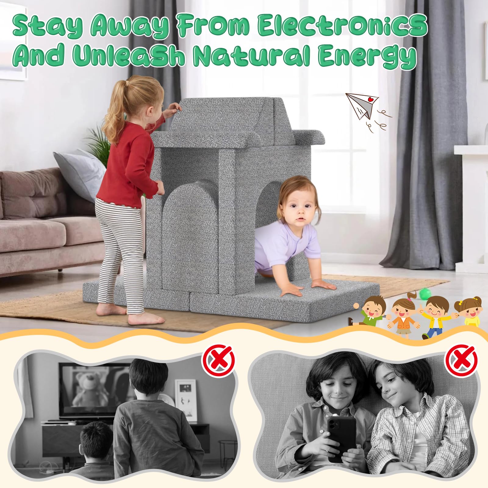 Sofá modular para niños con fundas lavables, sofá de espuma para juegos creativos, escalada y descanso, sofá convertible para niños, muebles de juego para habitación de niños o guardería 6