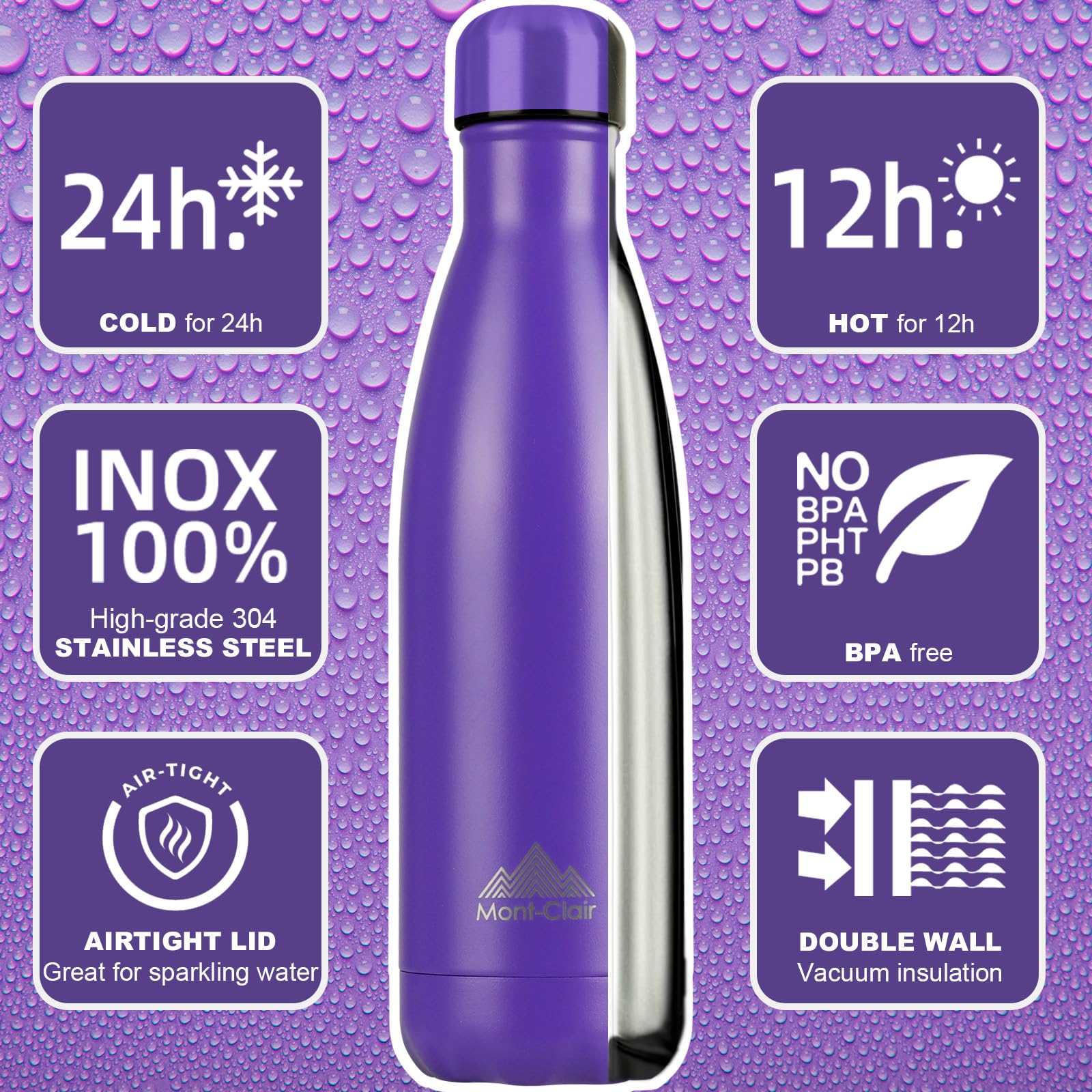 Mont-Clair l'O Stainless Steel Water Bottle, Vacuum Insulated, BPA Free, 12h Hot & 24h Cold Drinks - Image 2