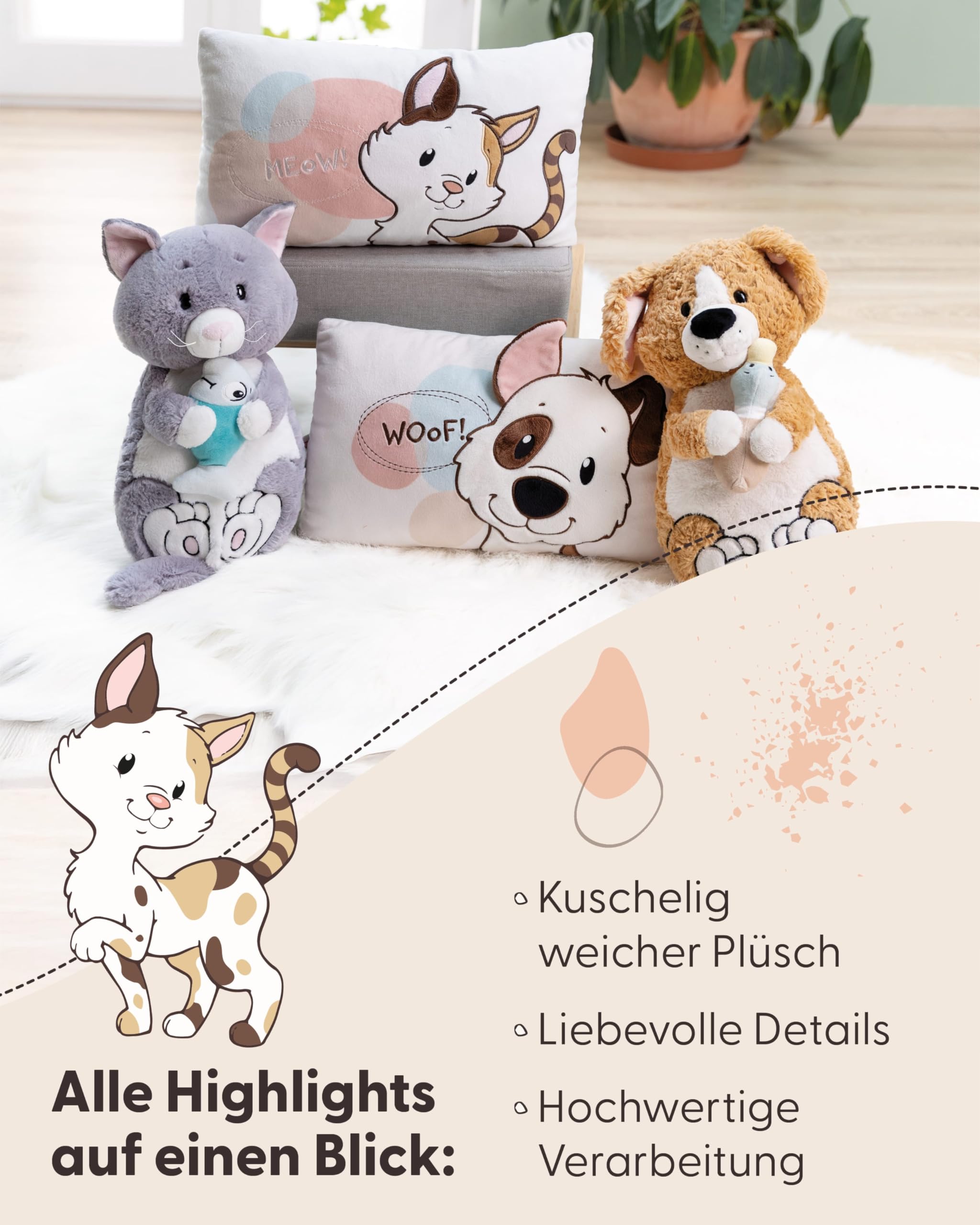 NICI Kissen Glückskatze 43x25cm - braun - Flauschiges Kuscheltierkissen für Jungen, Mädchen Kuscheltierliebhaber, ideal für Zuhause, Kindergarten oder unterwegs - 62164
