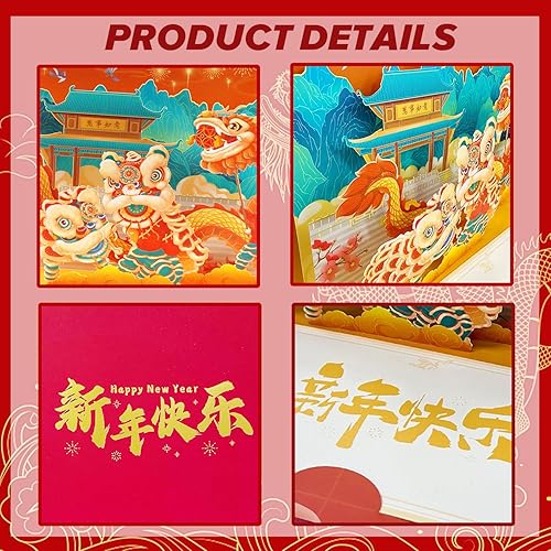 Miniatura 3 de hhdatc Tarjeta de felicitación de año nuevo chino 2024 con diseño de dragón en 3D, tarjeta de felicitación del año del dragón, bailando el dragón y