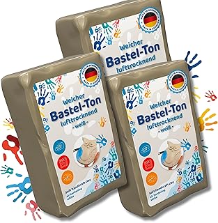 Lufttrocknender Ton 3kg (3x1kg) naturweiß – Air Dry Clay selbsthärtend ohne Brennen – Modelliermasse, Bastelton für Figuren, Skulpturen & DIY – für Kinder & Erwachsene