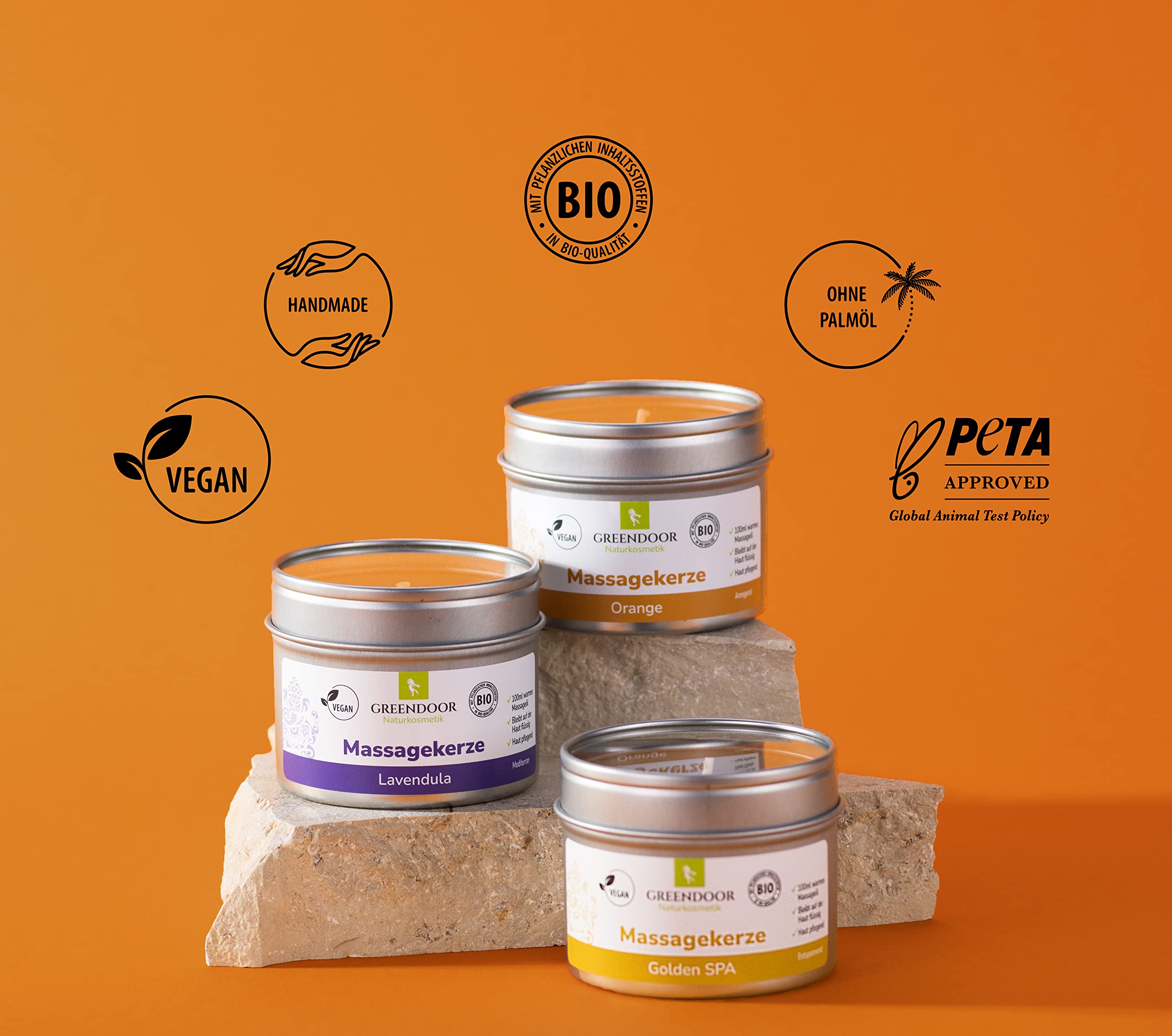 GREENDOOR Natur Massagekerzen SPAR-SET vegan 300ml, BIO Sojawachs BIO Öle, natürlich ohne Tierversuche, warmes Massage-Öl bleibt auf der Haut flüssig, Naturkosmetik Massagen, Geschenke