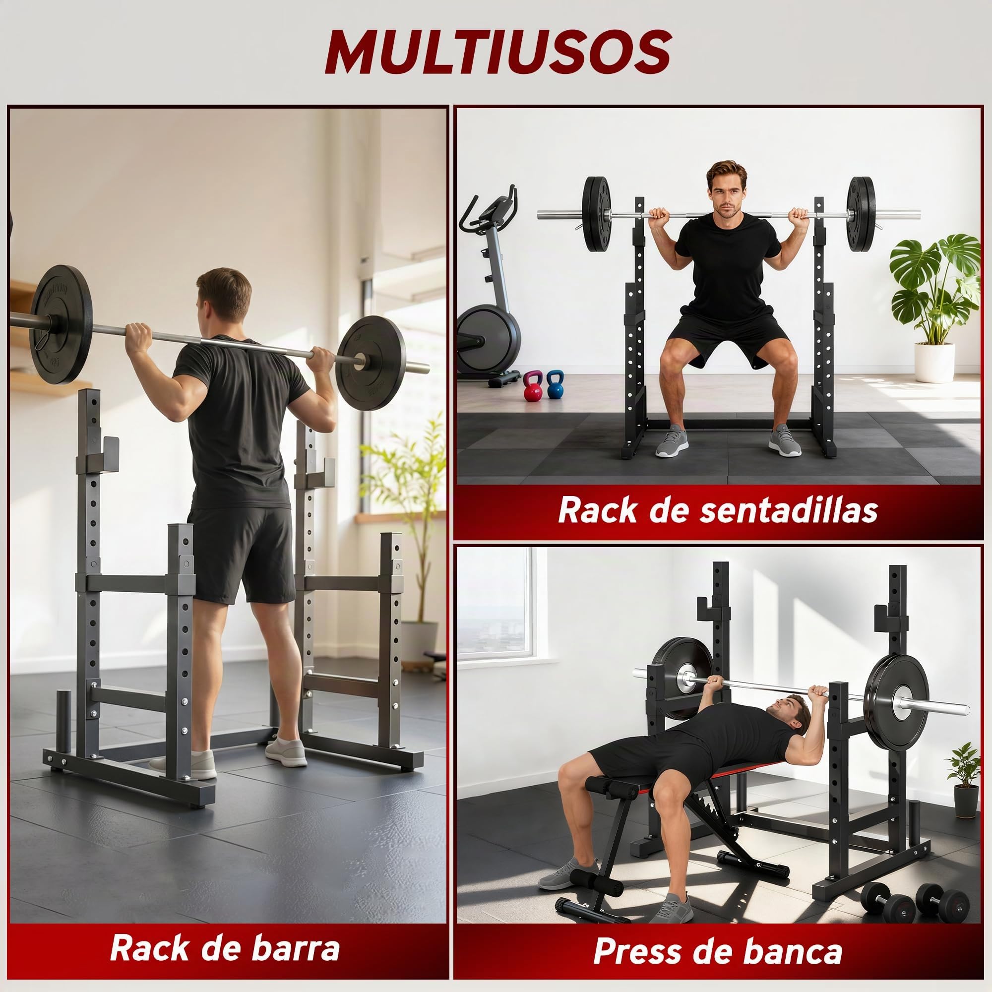 SPORTNOW Soporte para Pesas Sentadillas Ajustable, Topes Seguridad | Soporte Barra Pesas, Rack de Press de Banca, Musculación en Casa Gimnasio, Carga 300 kg, Altura Regulable 48-135/45-85 cm