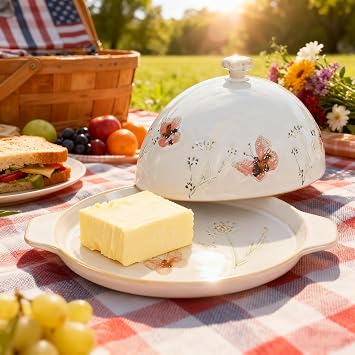 Ceramic Butter Dish with Lid for Countertop, Butterfly Butter Keeper Holder, Large Butter Container Butter Tray White - Butterfly