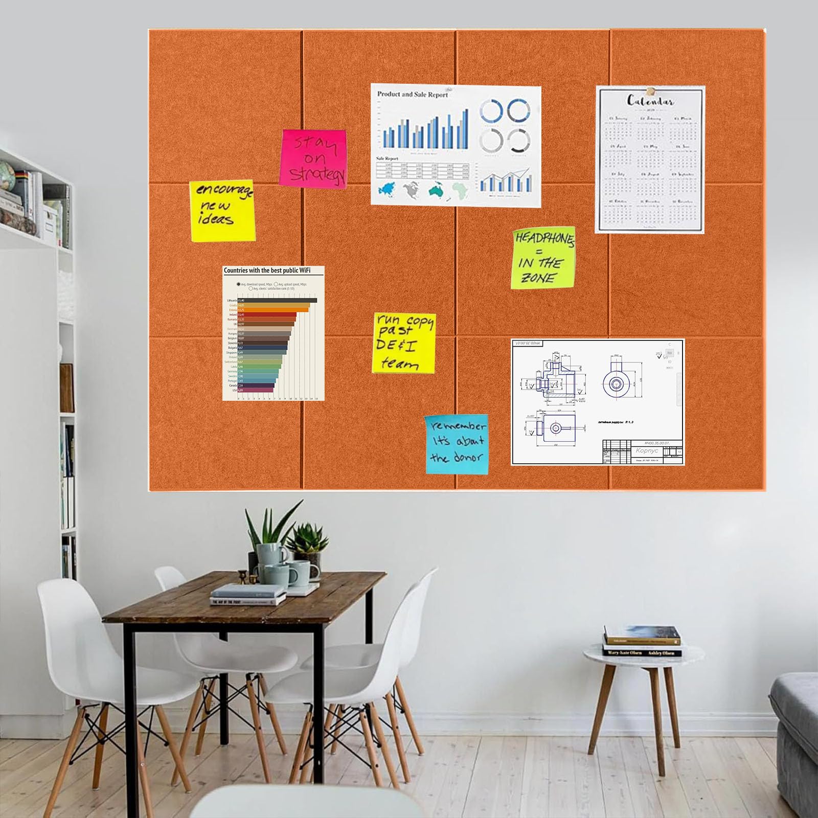 Pinnwand Groß 120x90cm Pinnwand Filz Selbstklebend mit 90 Reißzwecken, 12 Stück 9mm Dick Pinwand,Vision Board für Fotos, Notiz Memoboard für Zuhause Küche Büro Schule，Honigorange