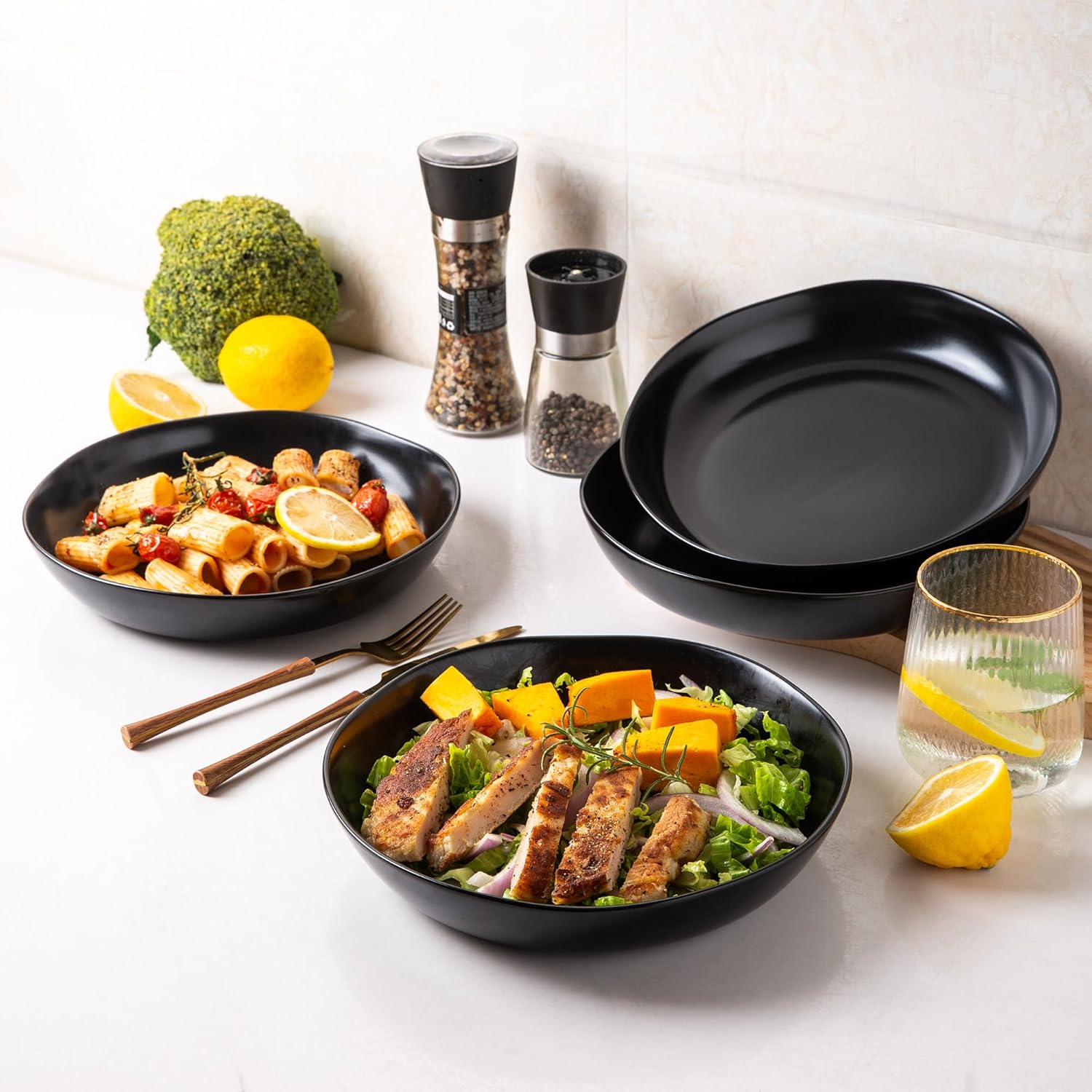 AmorArc 9.75'' Large Ceramic Pasta Bowls, 38oz Stoneware Wide Serving Bowls Set of 6 for Kitchen, Oven, Microwave&Dishwasher Safe Bowls with Wavy Rim for Fruit Pasta Salad Meal, Matte Black