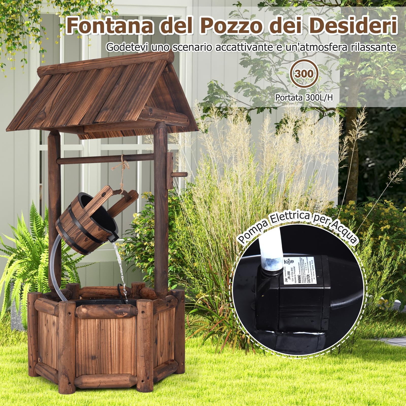 RELAX4LIFE Pozzo da Giardino, Pozzo Decorativo in Legno d'Abete con Tetto, Resistente alle Intemperie, Ideale per Giardino, Cortile e Terrazzo (Con Pompa)