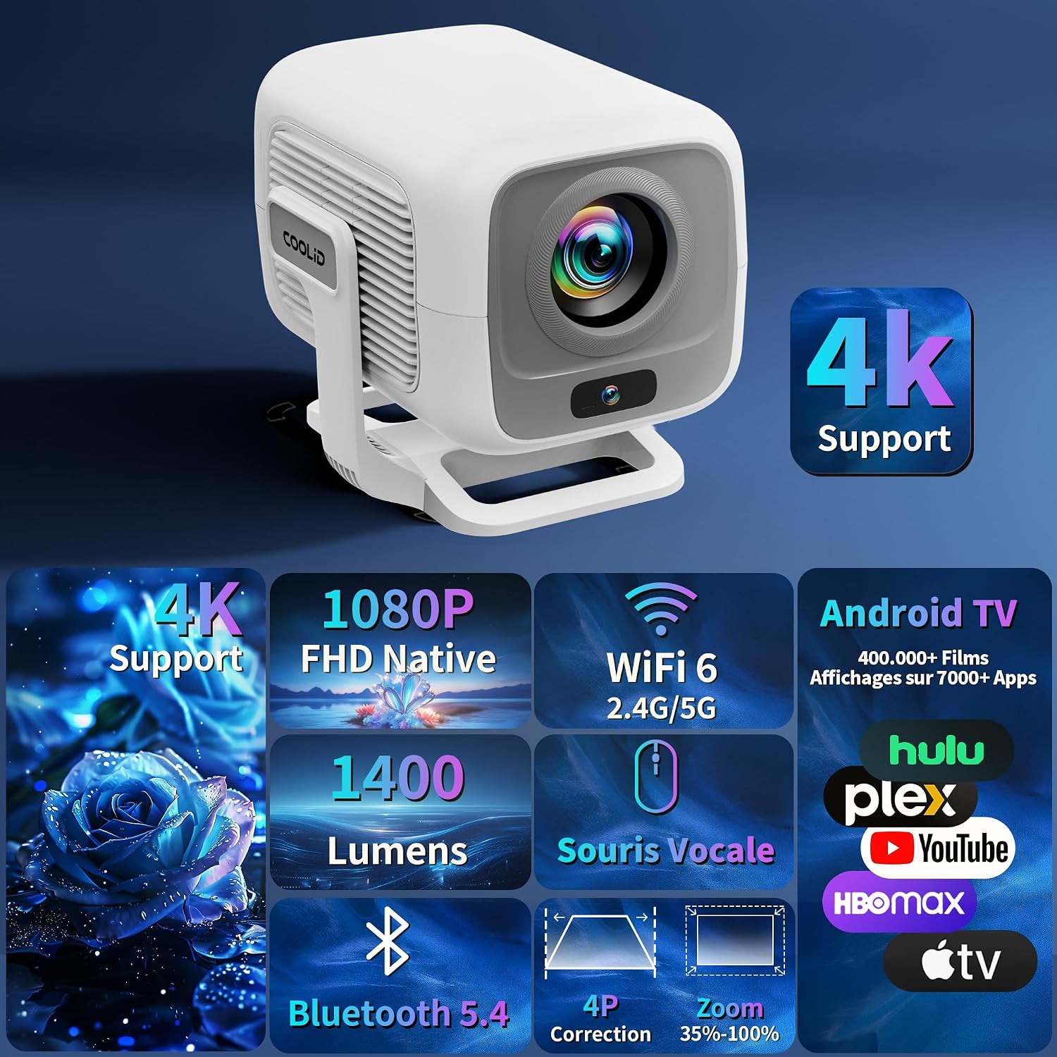 [Auto Focus & 2026 Upgraded] Mini Projector 1080P FHD Support 4K Portable Projector with WiFi6 and Bluetooth5.4 Built-in App 180° Adjustable Auto Keystone, Compatible with HDMI/Laptop/USB, White