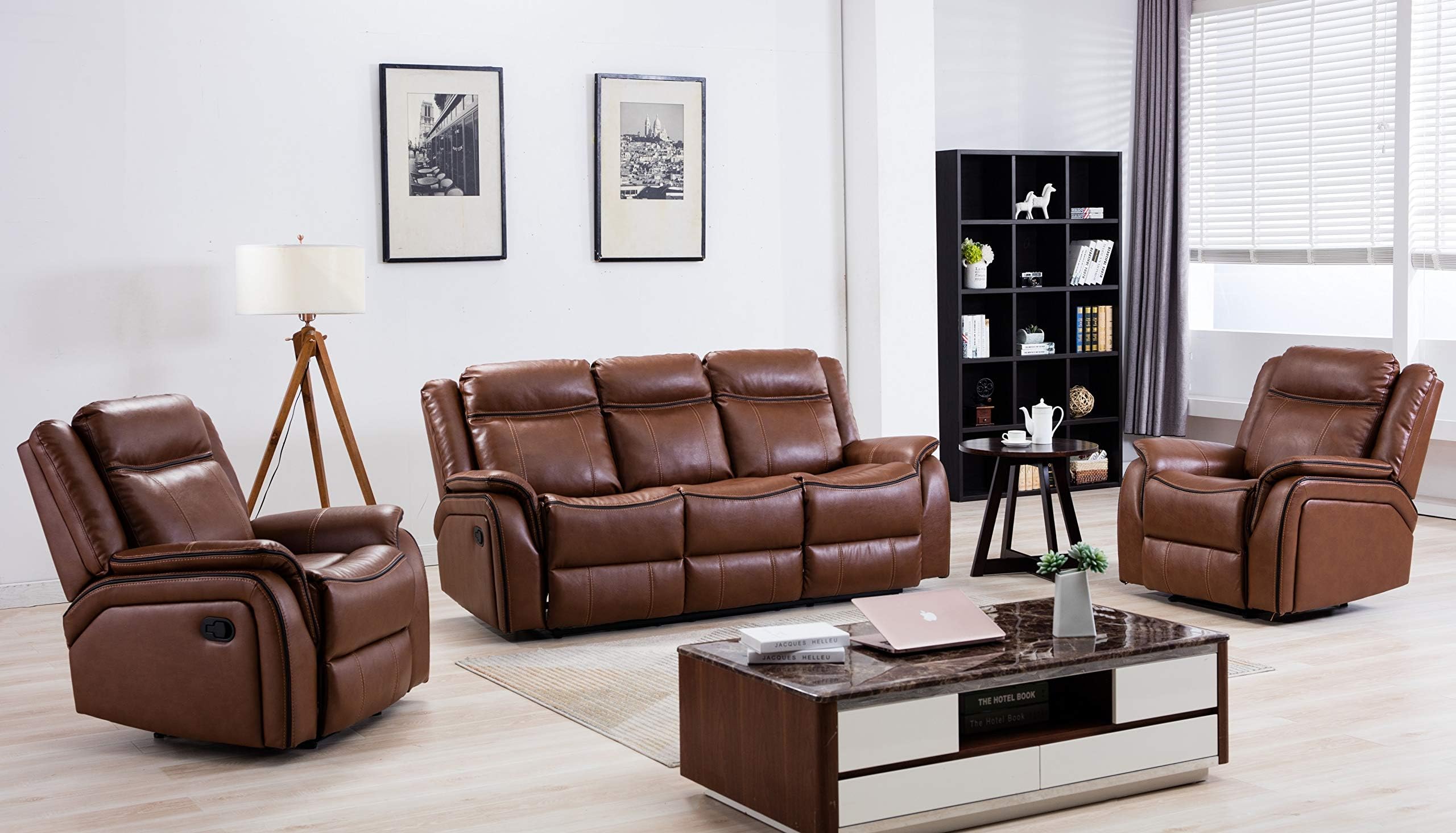 SC Furniture Ltd Tan Brown High Grade Leather Gel Reclining 3 Seater Sofa + 2 Recliner Armchair Sofa Suite NEWBURY