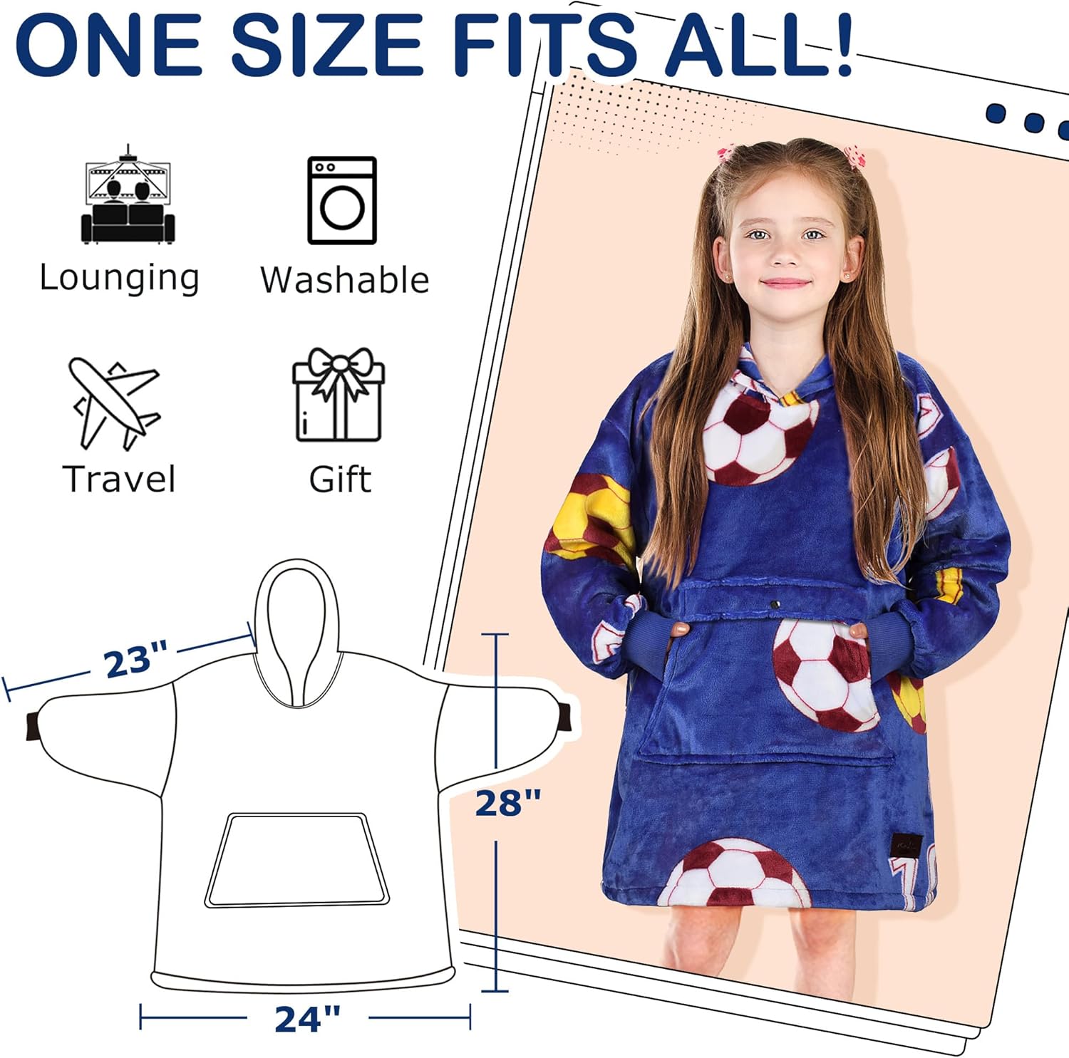 Catalonia Oversized Blanket Hoodie for Kids, Wearable Fleece Sweatshirt Pullover with Large Front Pocket, 4-12 Years Boy Girl - Image 6