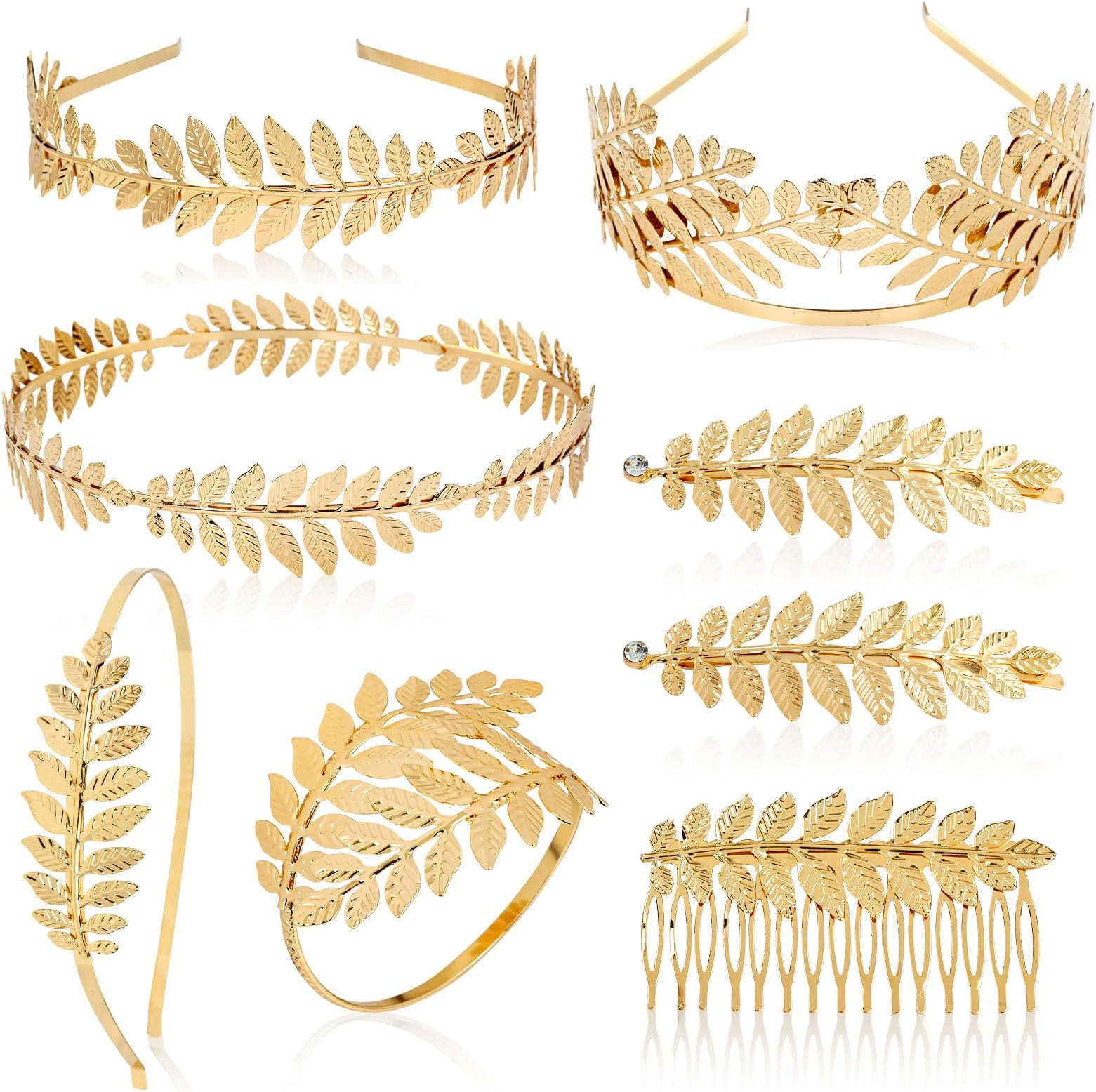 inSowni 8 Pieces Greek Roman Goddess Laurel Gold Leaf Crowns Tiaras Headbands +Leaves Hair Side Comb+Leaf Hair Clips+Laurel Bracelet Armband Bridal Wedding Headpieces Accessories for Women