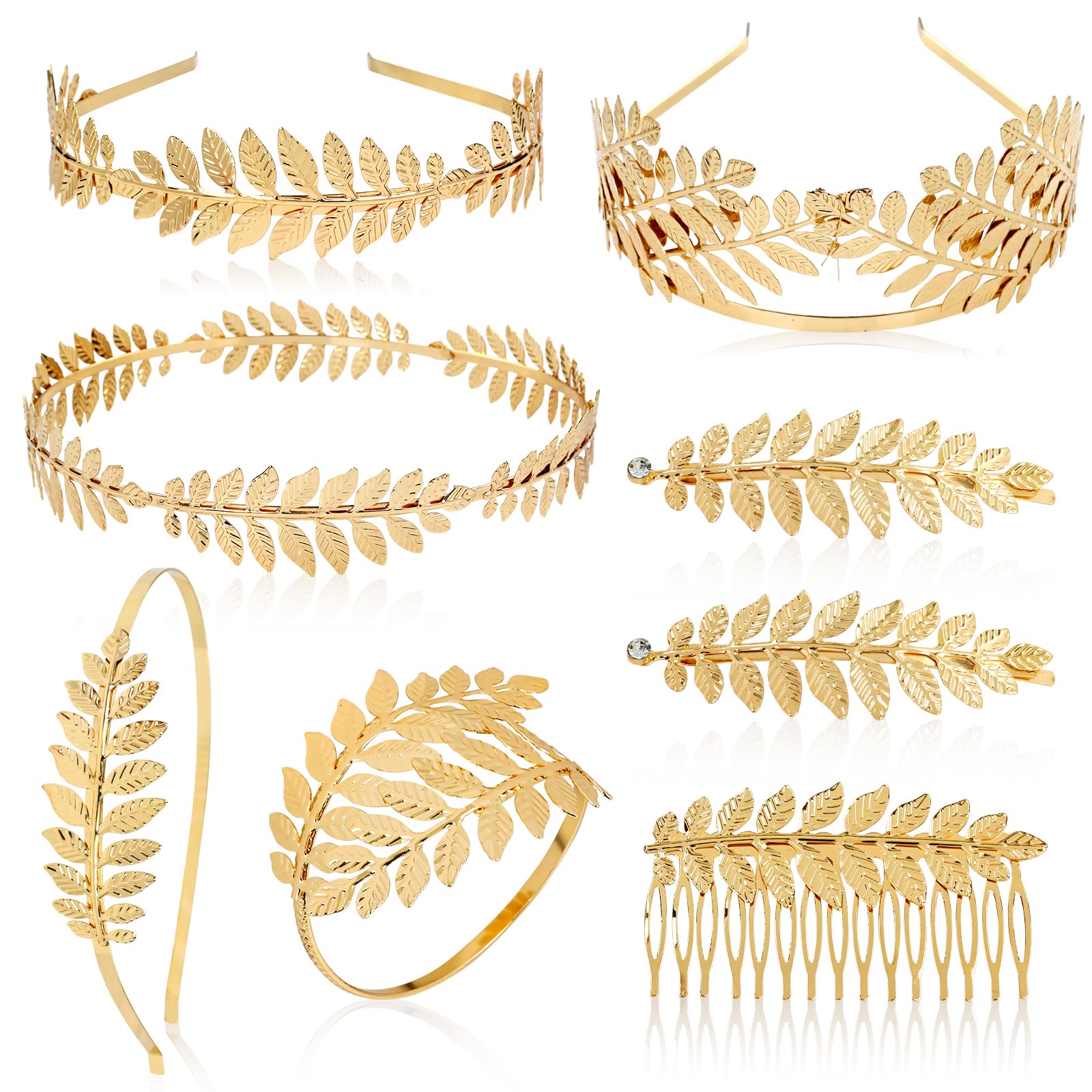 inSowni 8 Pieces Greek Roman Goddess Laurel Gold Leaf Crowns Tiaras Headbands +Leaves Hair Side Comb+Leaf Hair Clips+Laurel Bracelet Armband Bridal Wedding Headpieces Accessories for Women, metal