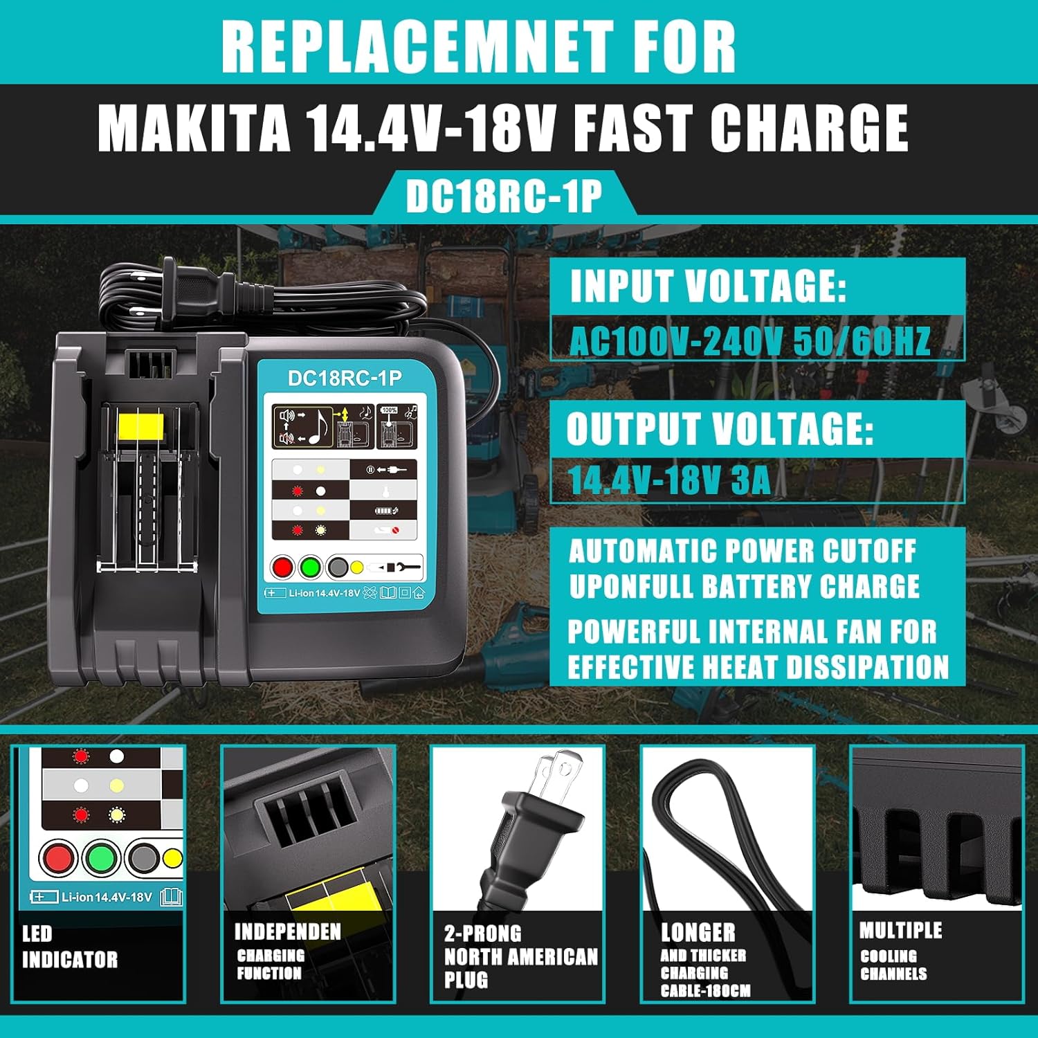 DC18RC Replacement 14.4V-18V Charger for Makita Battery Charger DC18RC DC18RA DC18SD DC18SE, for 14.4V-18V Makita Batteries BL1850 BL1840B BL1820 BL1815 BL1860 BL1430 BL1450 BL1830 - Image 2