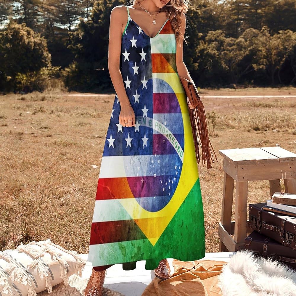 Vintage U.S.A. And Brazil Flag Maxi Dress for Women Summer Casual  Sleeveless V Neck Spaghetti Dresses M at Amazon Women's Clothing store