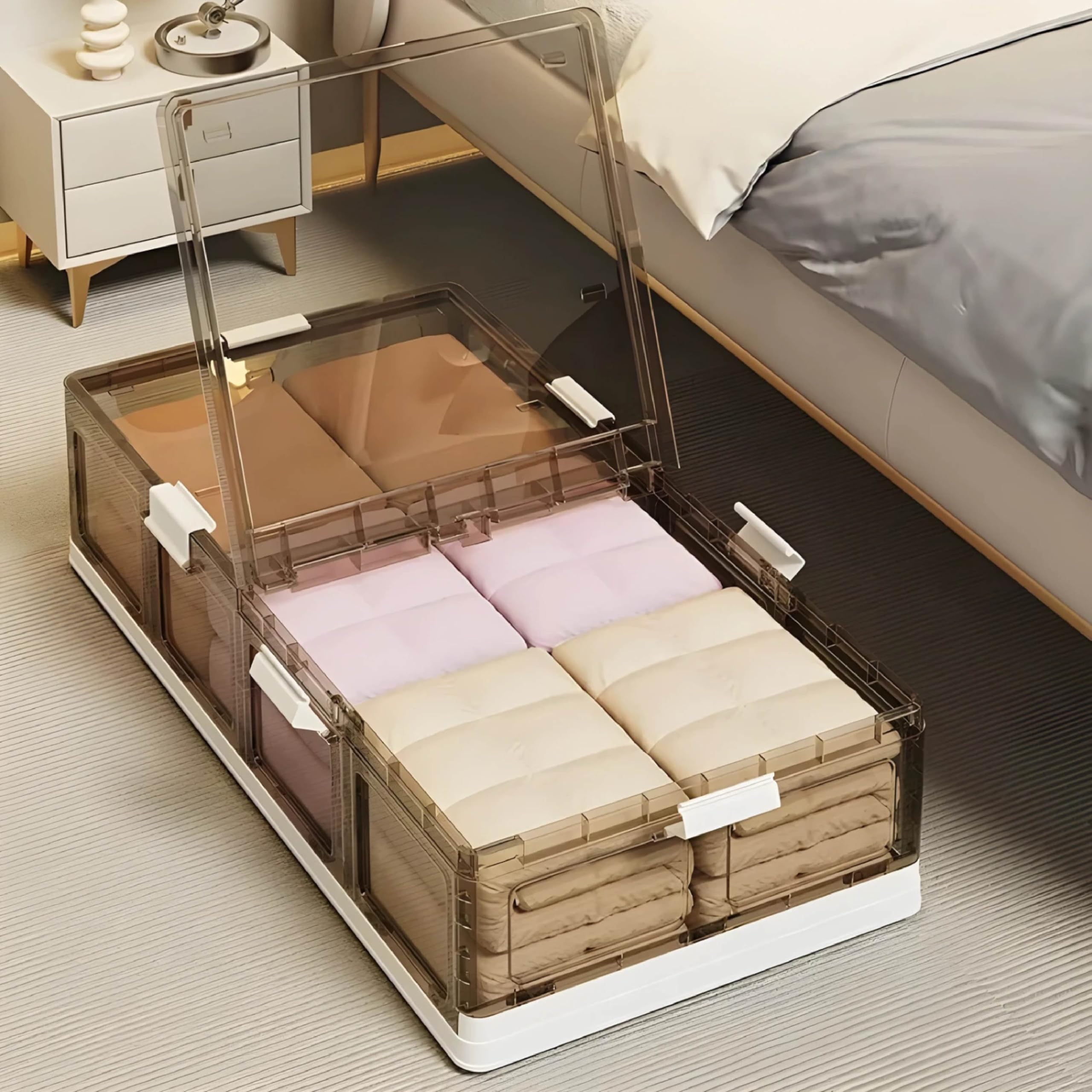 HomeStrap Underbed Rolling Organizer | Large 65L Foldable & Stackable Underbed Storage Box with Transparent, Dual Lids, Wheels & Locks | Dust & Moisture Proof Bin for Clothes, Sarees, Shoes & Quilts-image-4