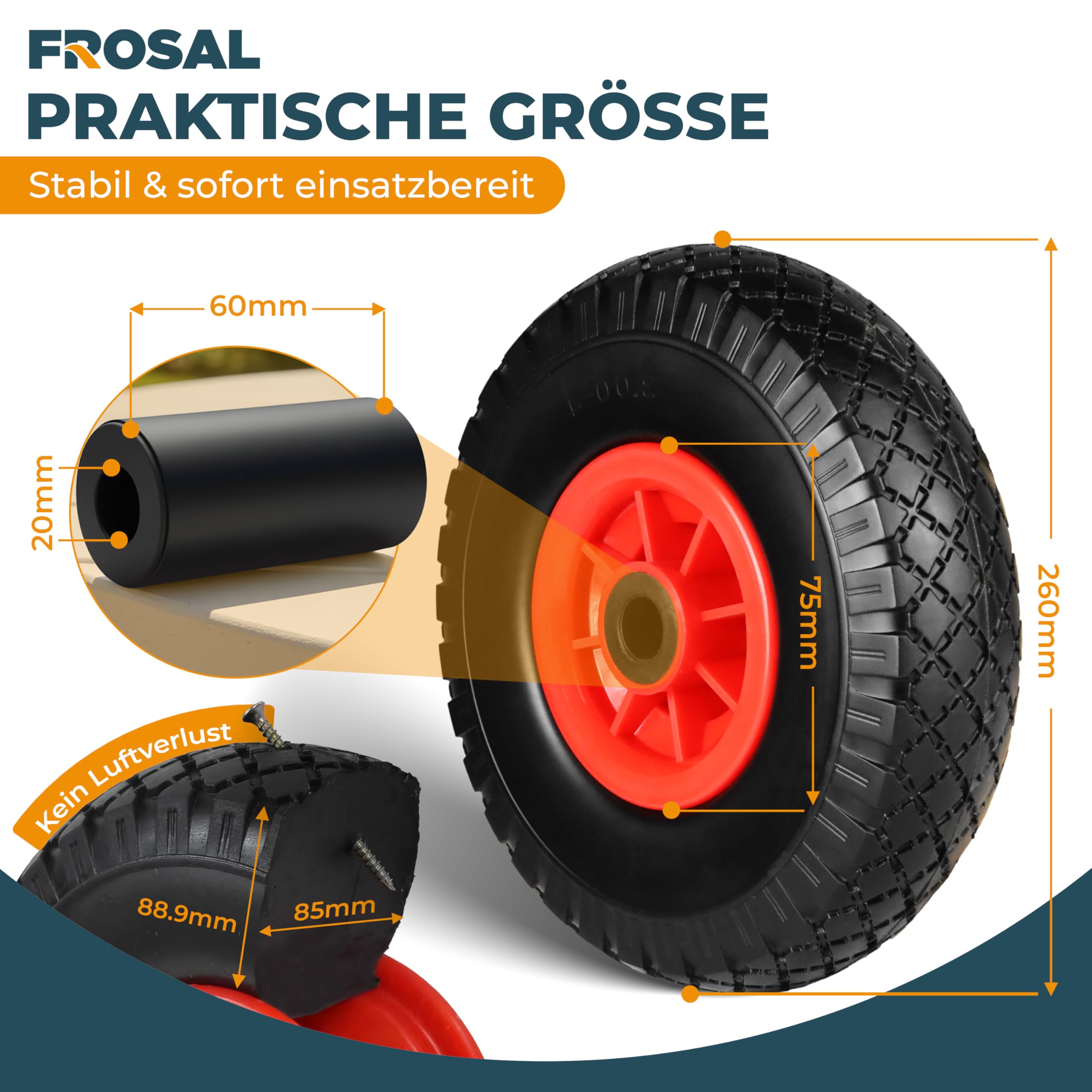 2X FROSAL Sackkarrenrad PU Rad 260 mm 3.00-4 – Vollgummireifen pannensicher für Sackkarre und Bollerwagen – Reifen ca. 75 mm – Nabe Ø20×75 mm – Kunststofffelge rot – Rollenlager – 2er Set